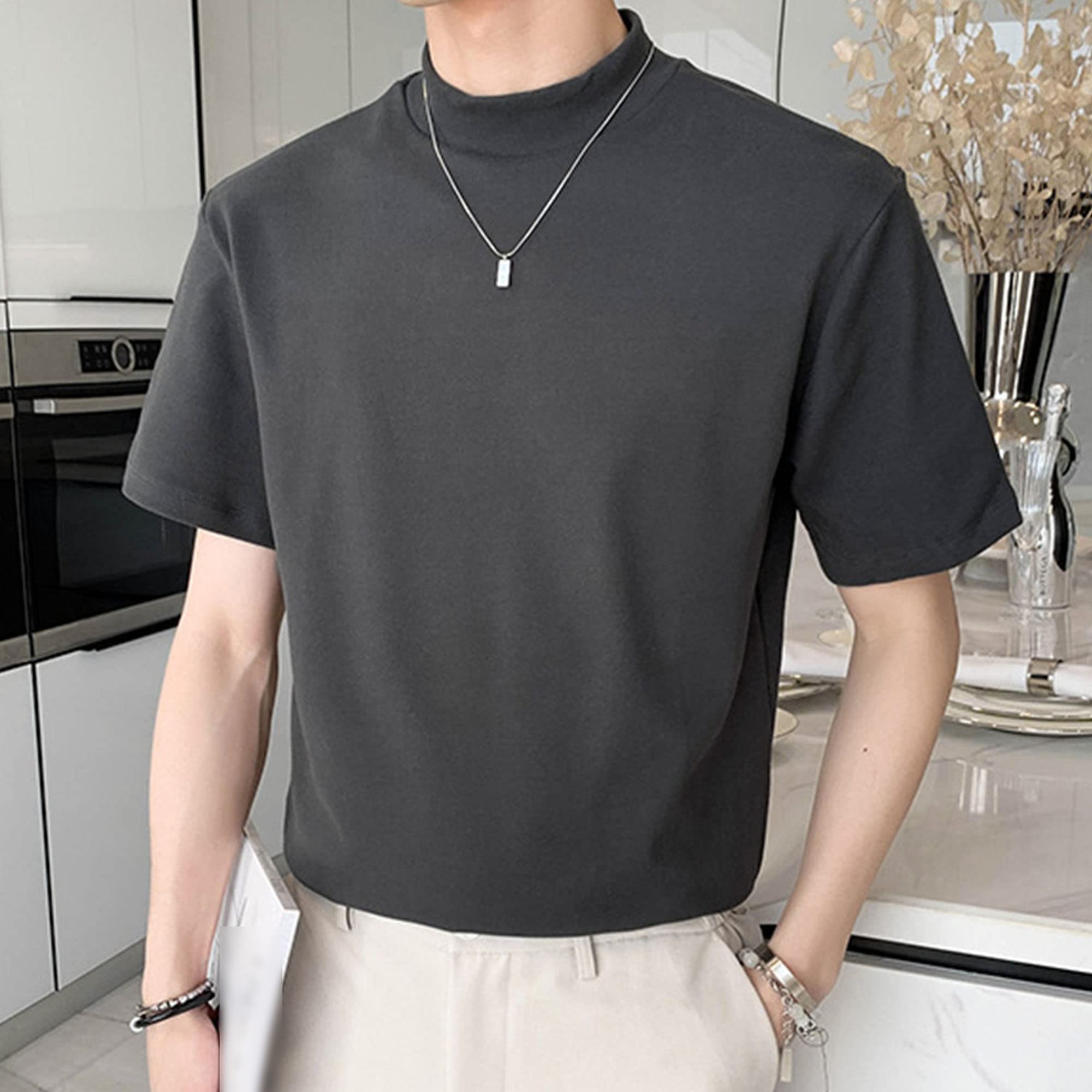 Men's Turtleneck Mock Neck T Shirts Slim Undershirt Basic Tops Short Sleeve High Neck T-Shirt for Men (Dark Grey,Large)