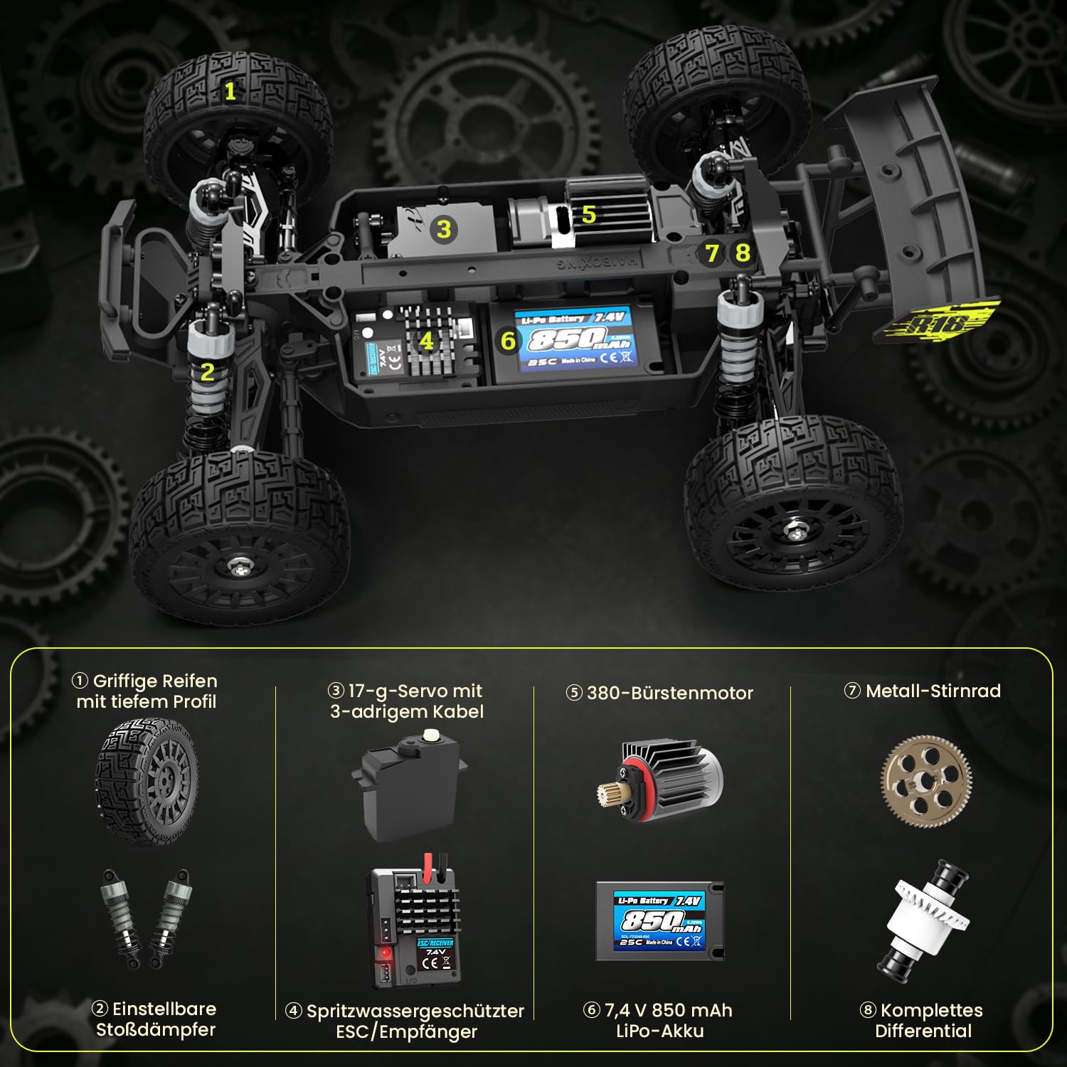 HAIBOXING 18856 1:18 4WD Ferngesteuertes Auto Offroad Monstertruck, 36 km/h Hochgeschwindigkeits RC Auto, Wasserdichter Geländewagen mit 2 Akkus, Spielzeug für Kinder und Erwachsene