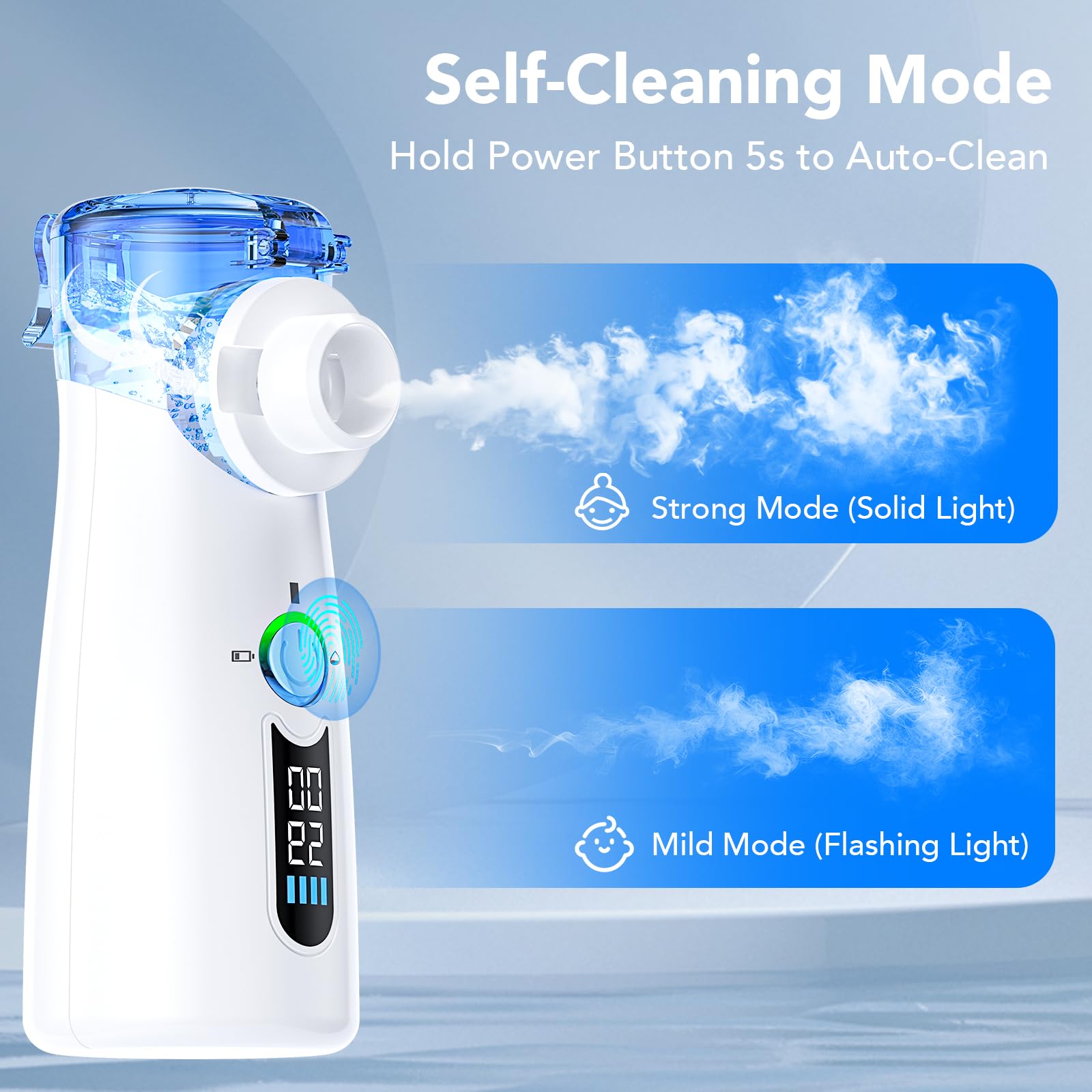 Nébuliseur portable pour adultes, nébuliseur pour enfants, nébuliseur portable pour adultes avec affichage LED et entretoise OTC auto-nettoyante