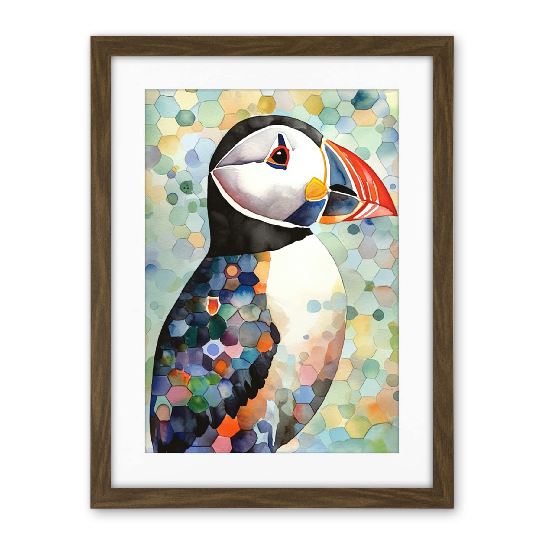 Artery8 Puffin Bird Portrait Pastel Colour Folk Art Artwork Framed Wall Art Print 18X24 Inch