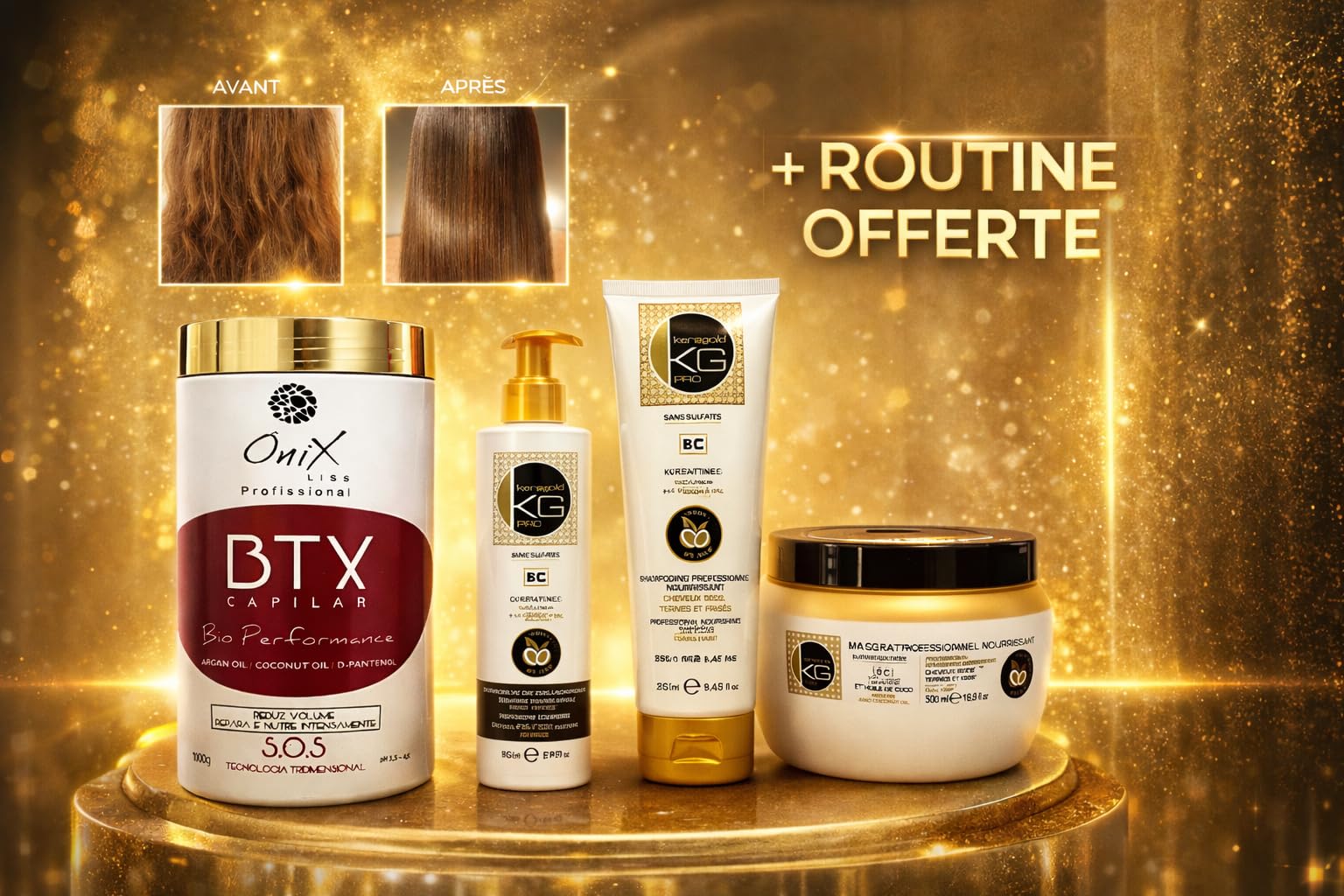 BTX Capillaire Onix Professionnel + Shampoing Sans Sulfates 250ml + Masque Nourrissant 500ml + Soin Keragold Offert – Réparation Cheveux Abîmés, Brillance, Discipline & Douceur
