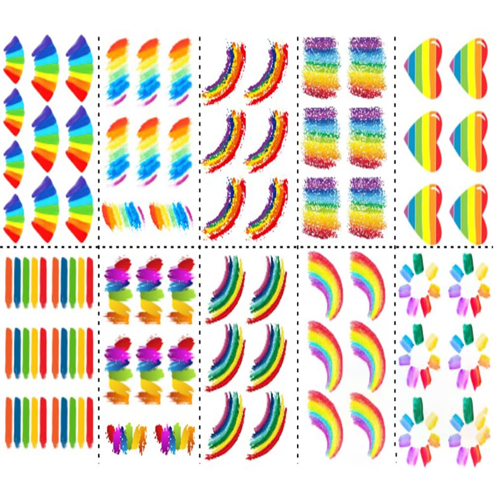 Debolic 68Pcs Gay Pride Rainbow Temporary Tattoos Stickers 10 Different Shapes of Waterproof Removable Face Body Tattoo Set for Gay Pride celebrations