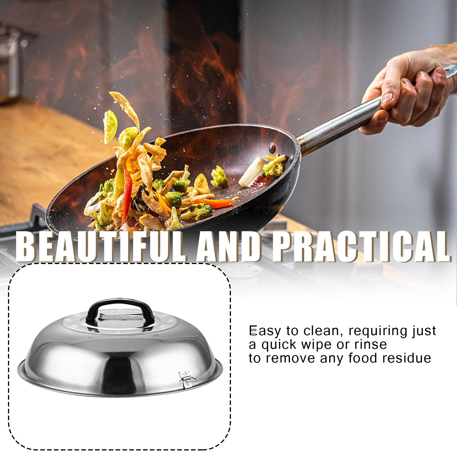 Couvercle de wok rond multifonctionnel en acier inoxydable avec poignée Couvercle Teppanyaki pour la friture, la cuisson à la vapeur et les grillades à la maison 36 cm