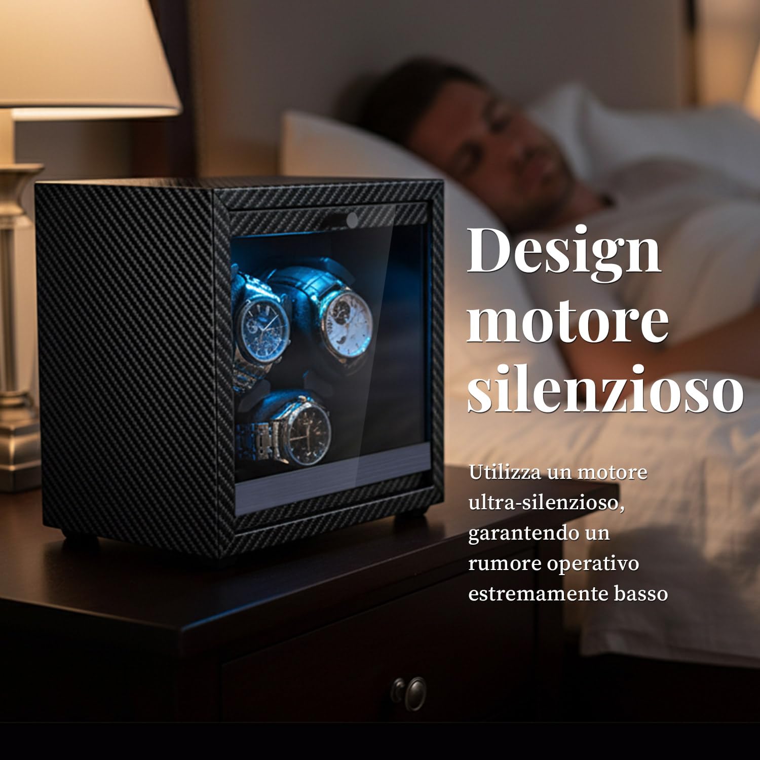 Mcbazel Scatola Per Carica Automatico Per Orologi Ultra Silenziosa, 4 Modalità di Rotazione con Luce LED Blu, Scatola Programmabile per 3 Orologi, Custodia Per Orologi Alimentata da USB con Foam