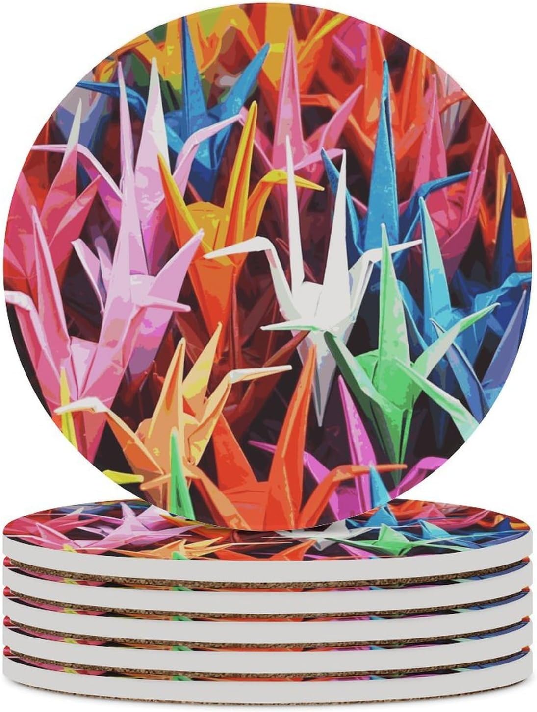 Origami Paper Cranes Coaster with Cork Base Drink Coasters for Coffee Table Decor Modern Cup Coasters with Non-Slip & Heat-Resistant Cute Ceramic Table Coaster for Home Dining