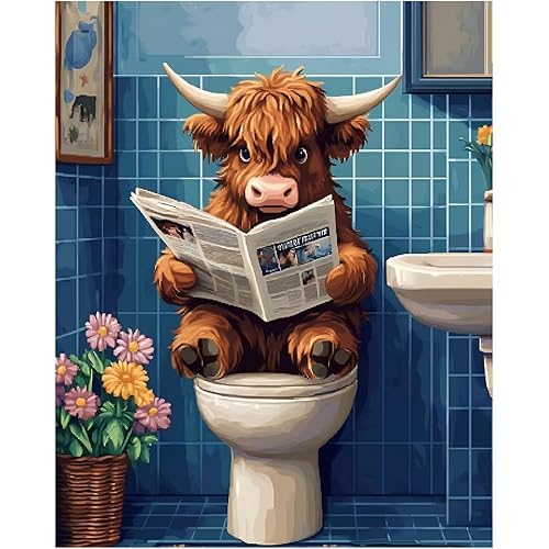 Reivworl Cow Paint by Numbers Kit for Adults Beginners, Bathroom Paint by Numbers, Adult Paint by Number Kits for Gifts and Home Wall Decor 16x20 Inch