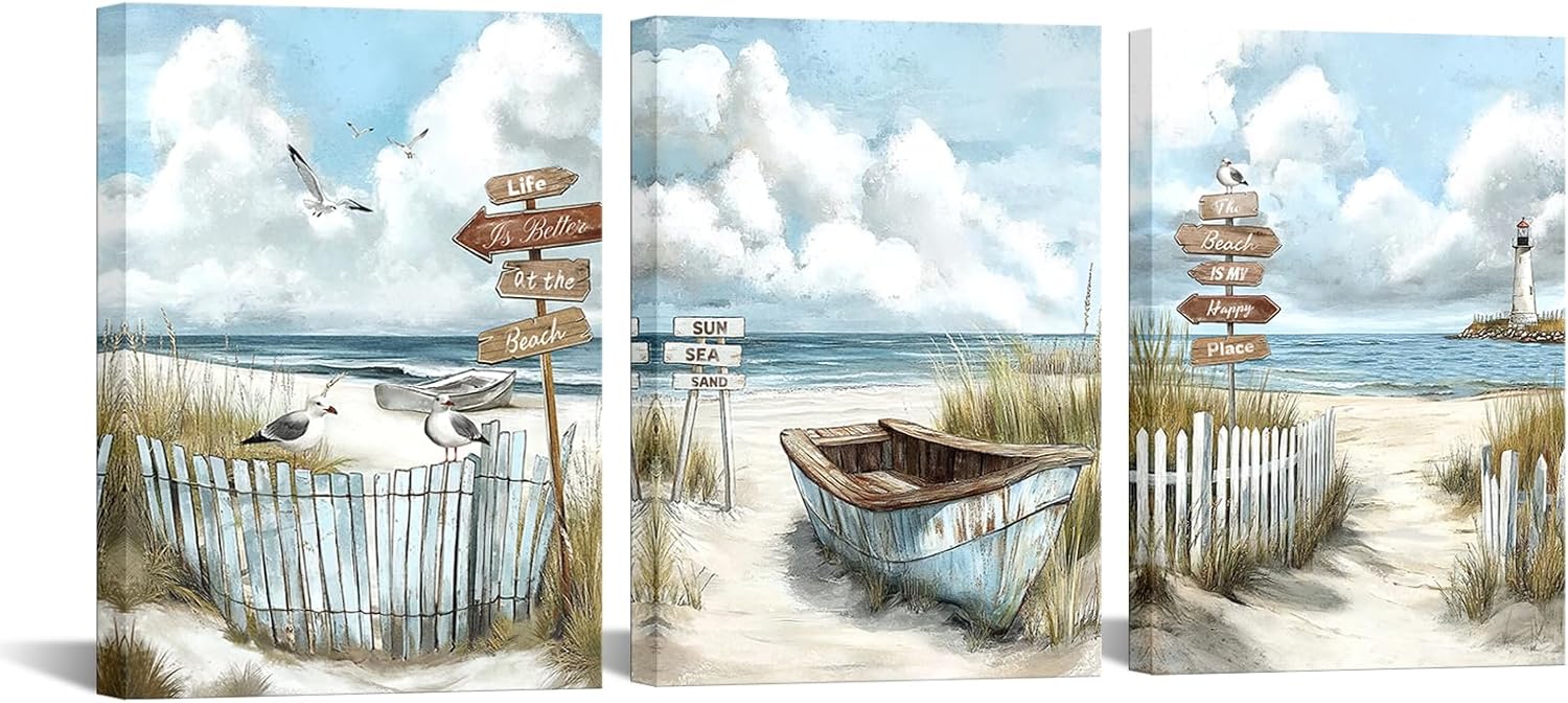 Conipit Coastal Beach Wall Art Seaside Pictures Wall Decor Seascape with Lighthouse and Boat Paintings 12''x16'' Each Panel 3-Piece Canvas Prints, Nautical Home Decor