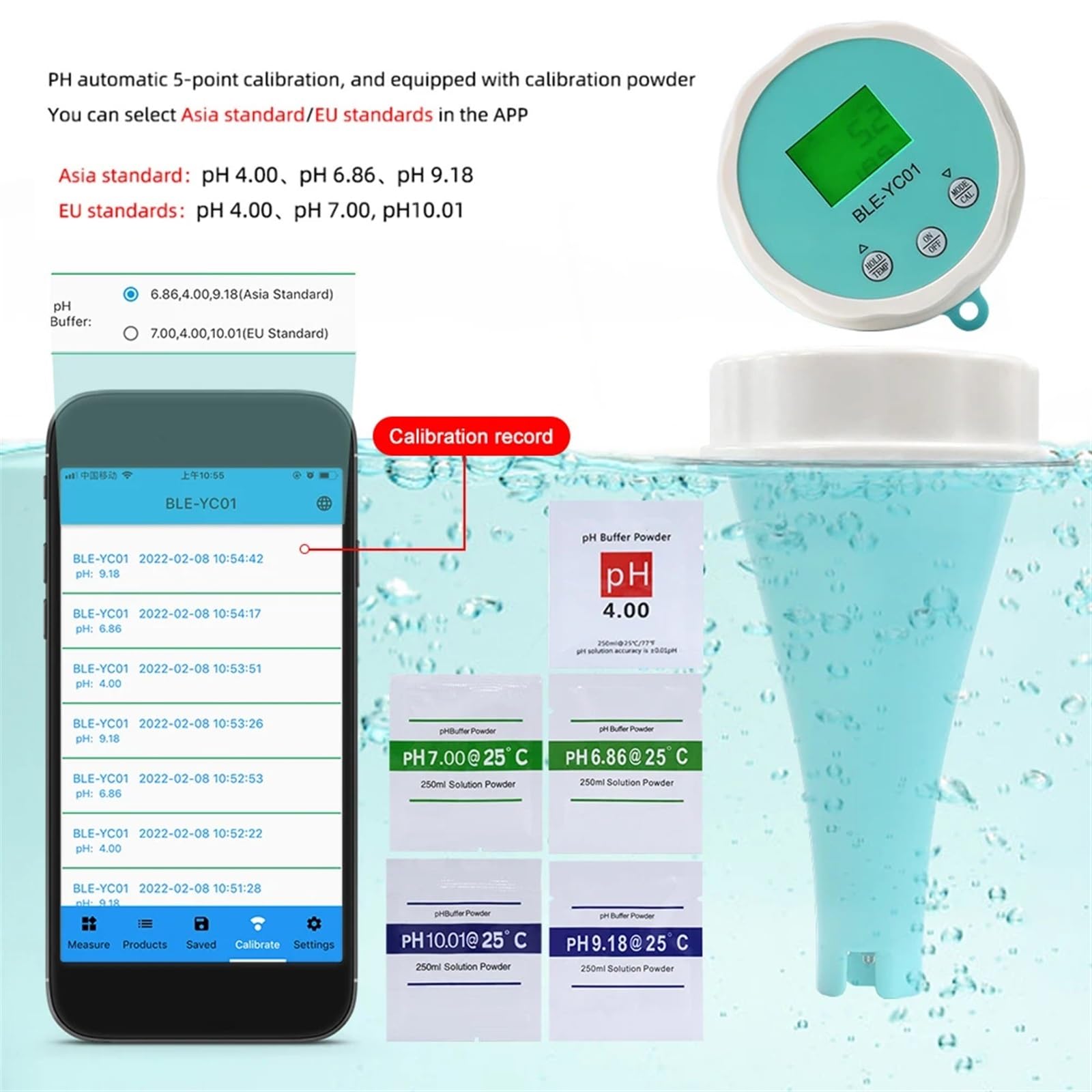Rilevatore di qualità dell'acqua 6 in1 PH EC TDS ORP CL Calibrazione della temperatura Tester dell'acqua for cloro APP Monitor online for piscina,Giardino,Prato,Interno,Uso esterno