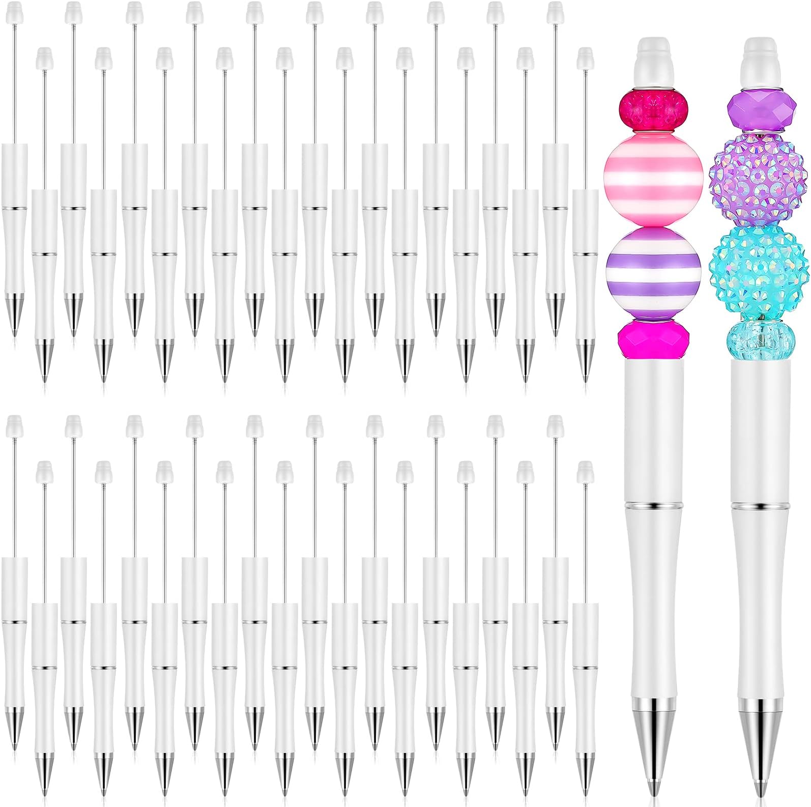 Crtiin 50 Pcs Plastic Beadable Pen Bead Pen Bulk Shaft Ink Ballpoint Pens DIY Pens for DIY Making Gift Office Supplies (White)