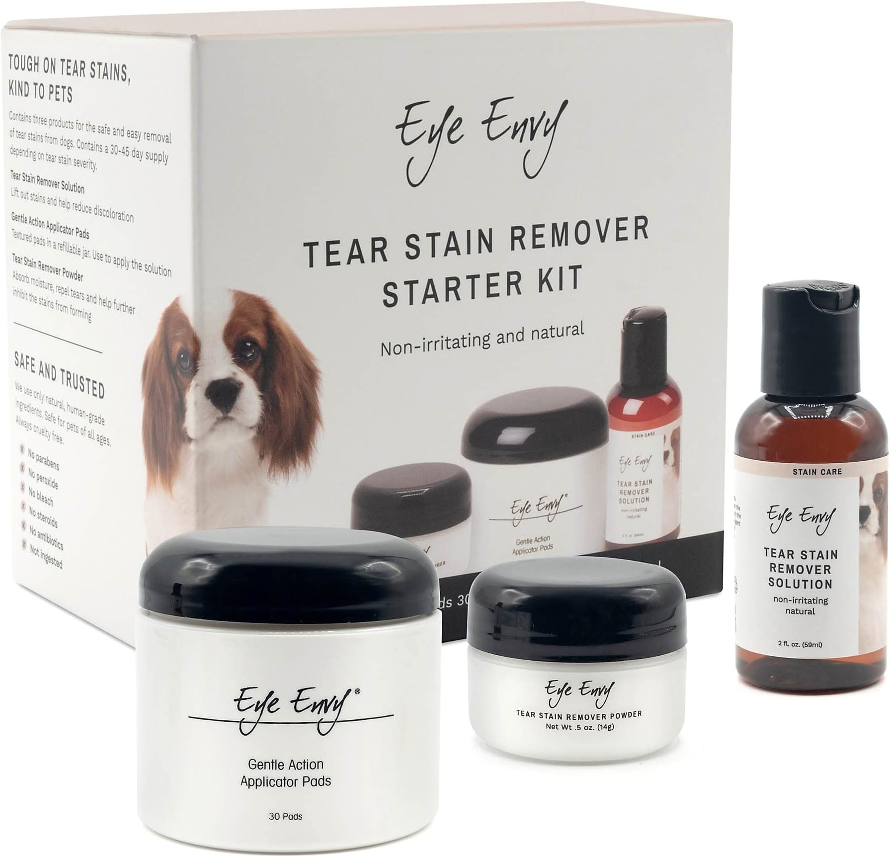Dog Tear Stain Remover Starter Kit. 100% Natural, Safe. Contains: Stain Solution, Applicator Pads, and Stain Powder. Tear Stain Treatment Kit. Lasts 30-45 Days. Made in USA