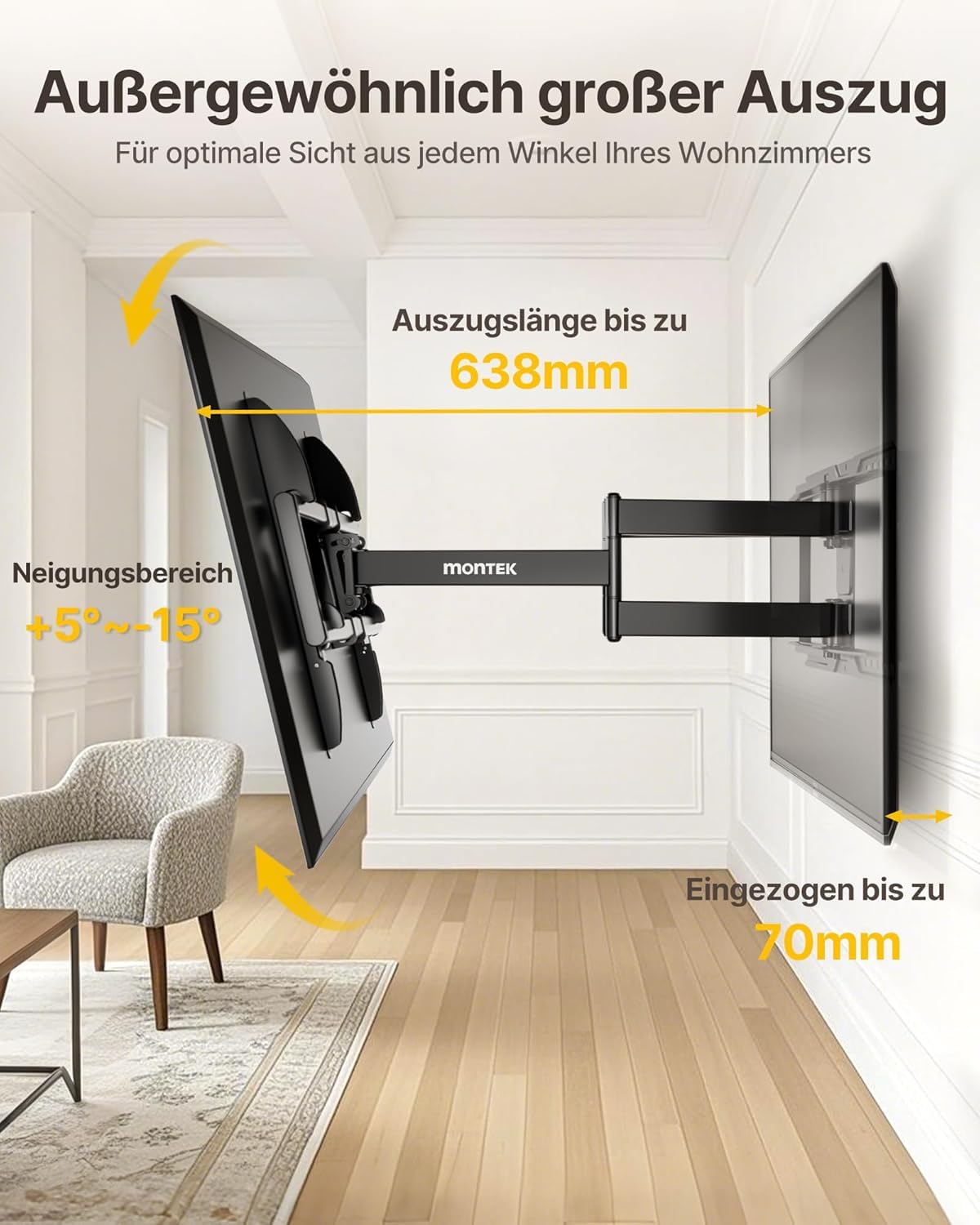 monTEK TV Wandhalterung 638 mm für 37-90 Zoll bis 75 kg, max VESA 600x400 | 2026 neu,Stabile doppelte Gelenkarme,638 mm Auszug,Montageset,Schwenkfunktion,Werkzeuglose Neigung