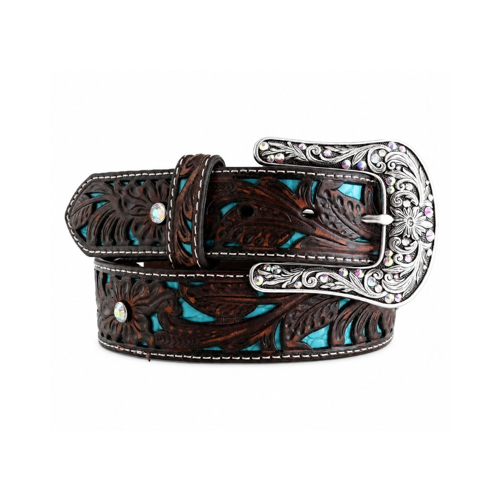 ARIAT Women's Turquoise Inlay Floral Bling Belt, Brown, Medium