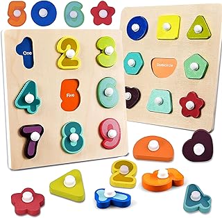 2pcs Wooden Puzzles for Toddlers 1-3, Learning Puzzles Board with Words, Montessori Educational Toys Ages 1 2 3, Jigsaw Peg Toddler Puzzles Ages 1-3