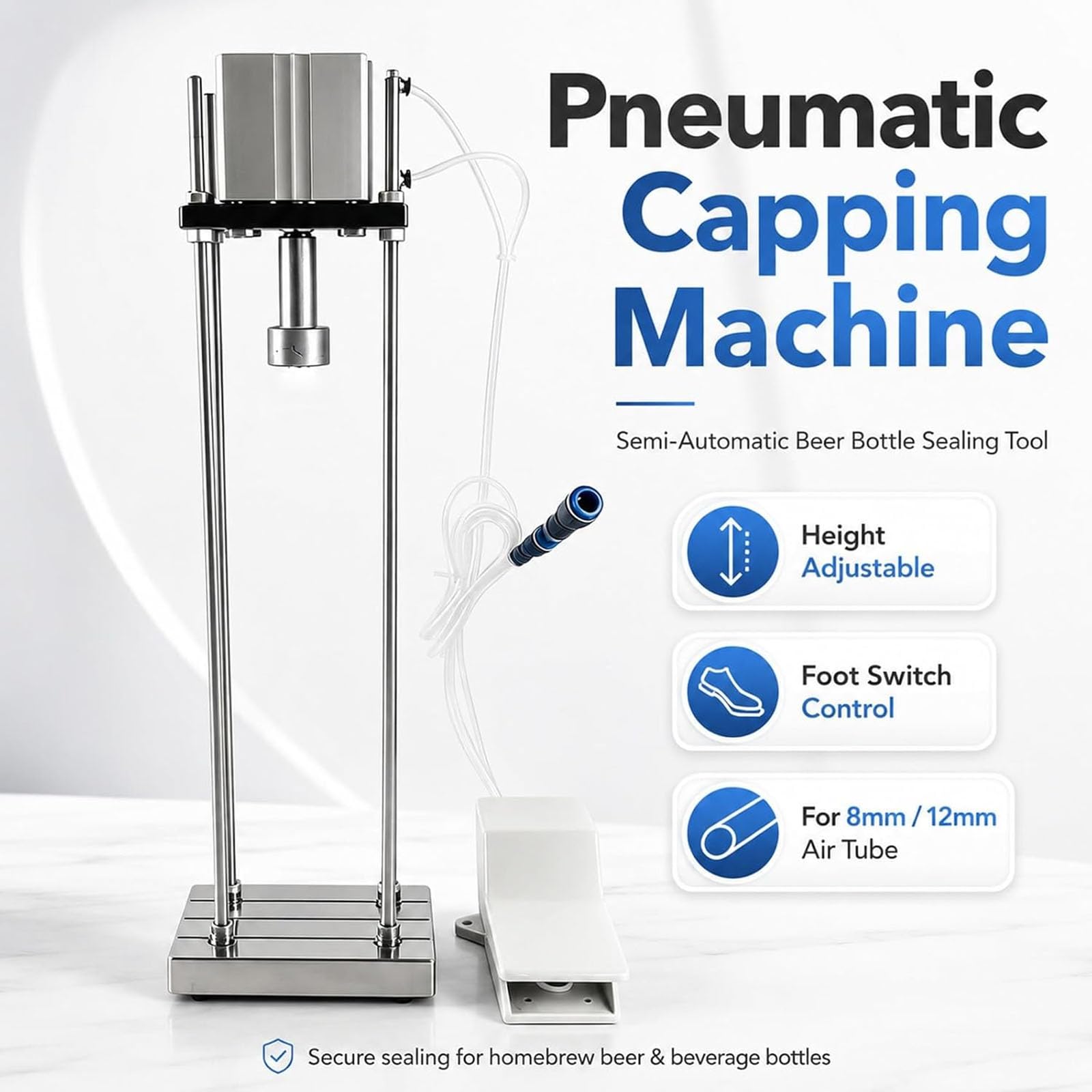 Tappatore semiautomatico per bottiglie con interruttore a pedale | Tappatrice pneumatica, altezza regolabile, per tubi dell'aria da 8 mm a 12 mm, birra fatta in casa e imbottigliamento