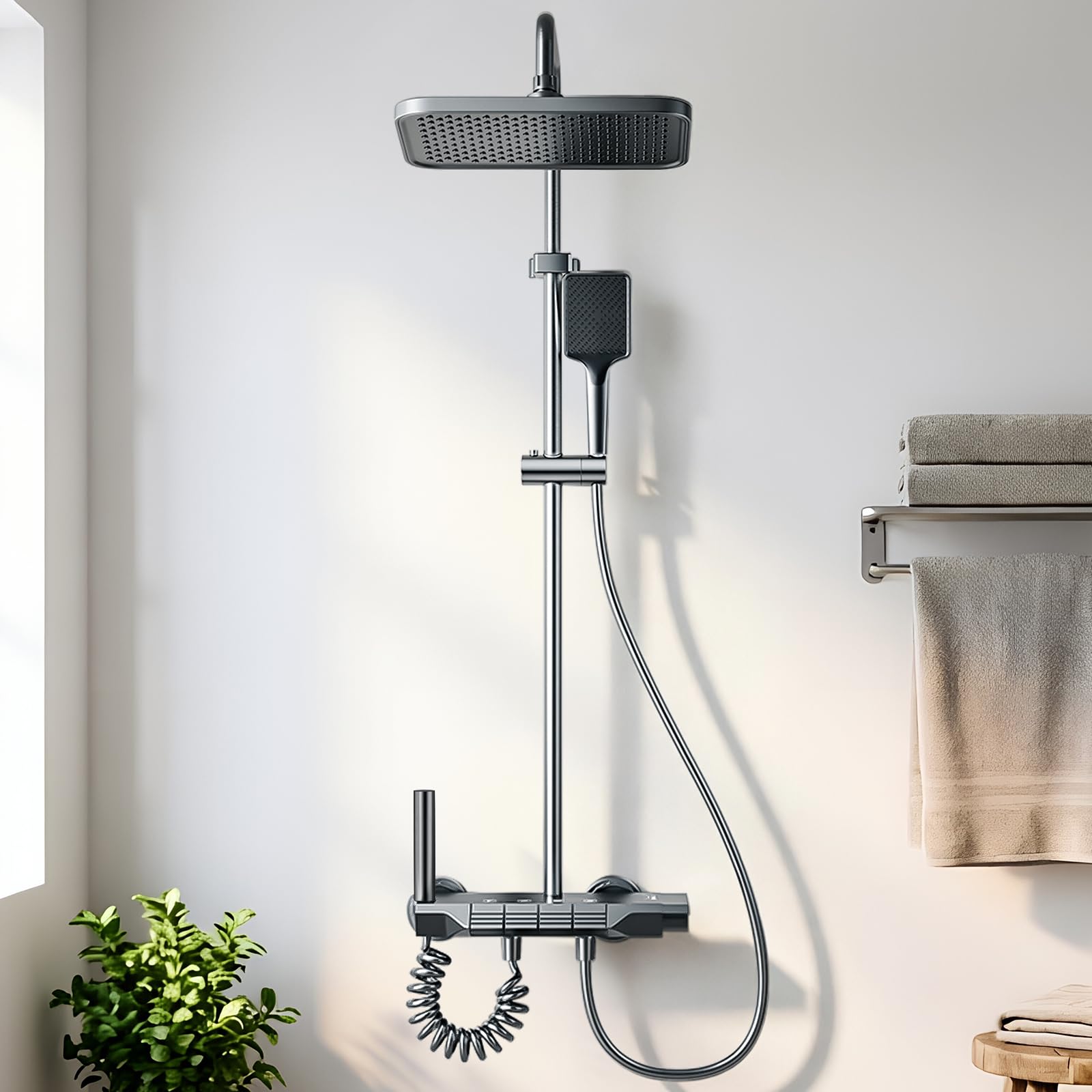 Kinhoou Modern Thermostatic Shower Mixer, Adjustable Shower Riser Rail Kit Square with Overhead Rainfall, Handheld Dispenser and Shower Hose Shower Mixer Set for Bathroom, Grey