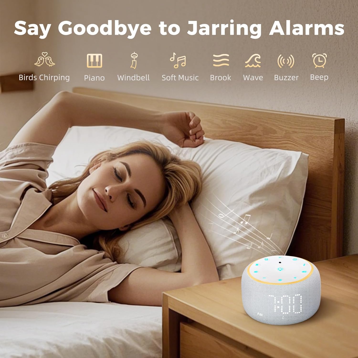 White Noise Machine Alarm Clock: Auto-Dimmable Clock for Bedrooms - 5W Stereo Bluetooth Speaker - Sound Machine with 24 Sleep Sounds for Adults Kids