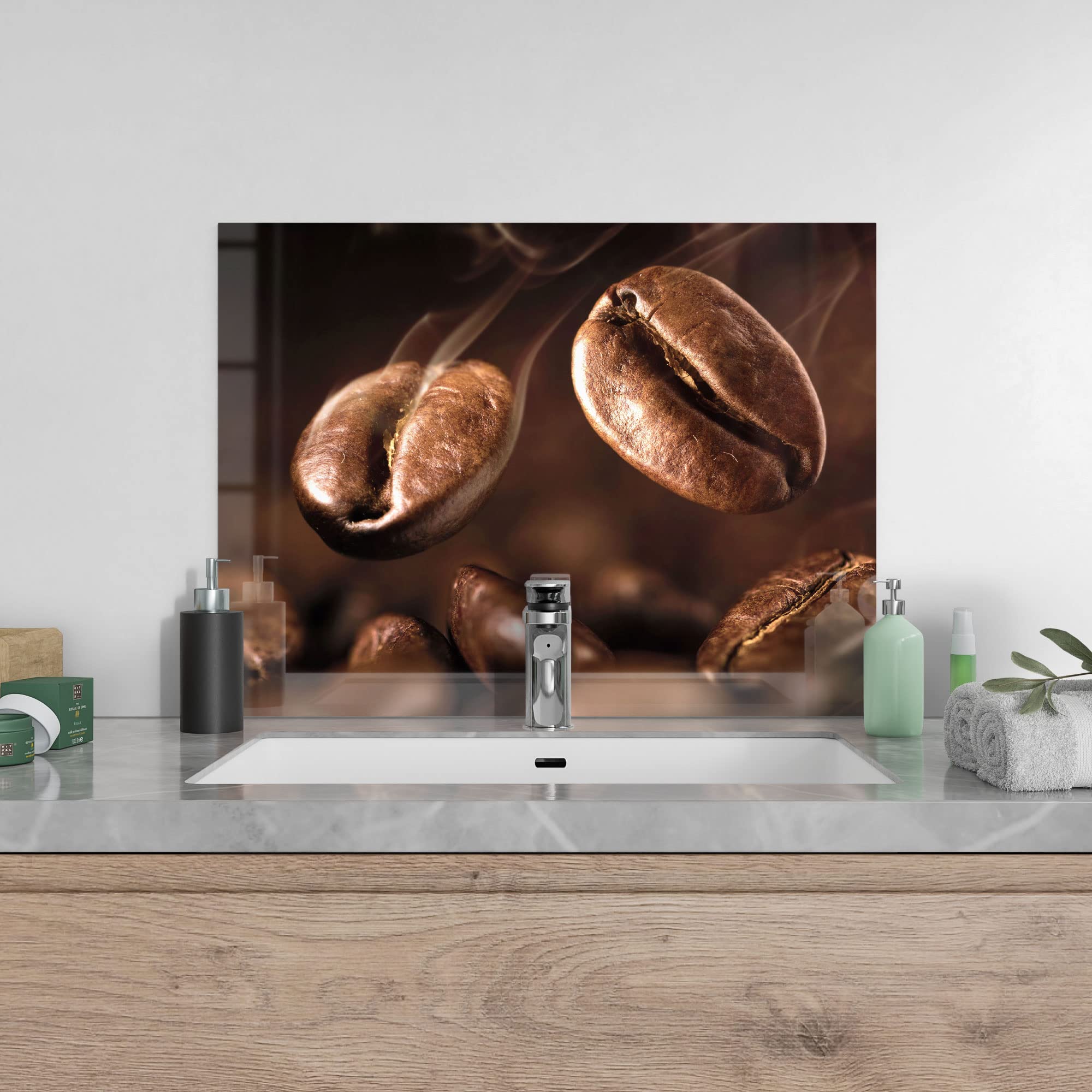 DEQORI Szklana ścianka kuchenna, motyw pachnących ziaren kawy, 80 x 60 cm, tylna ścianka do łazienki lub kuchenki, osłona kuchenki, ochrona przed pryskaniem, do kuchni i łazienki, nowoczesna dekoracja