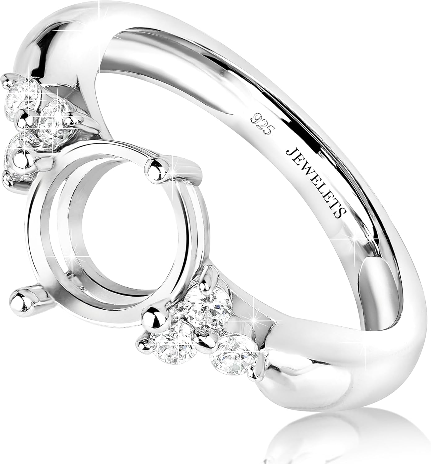 Silver Ring Blank Semi Mount for DIY Jewelry Making - 8mm Round Setting, Rhodium Plated 925 Sterling Silver with 6 White CZ Side Stones