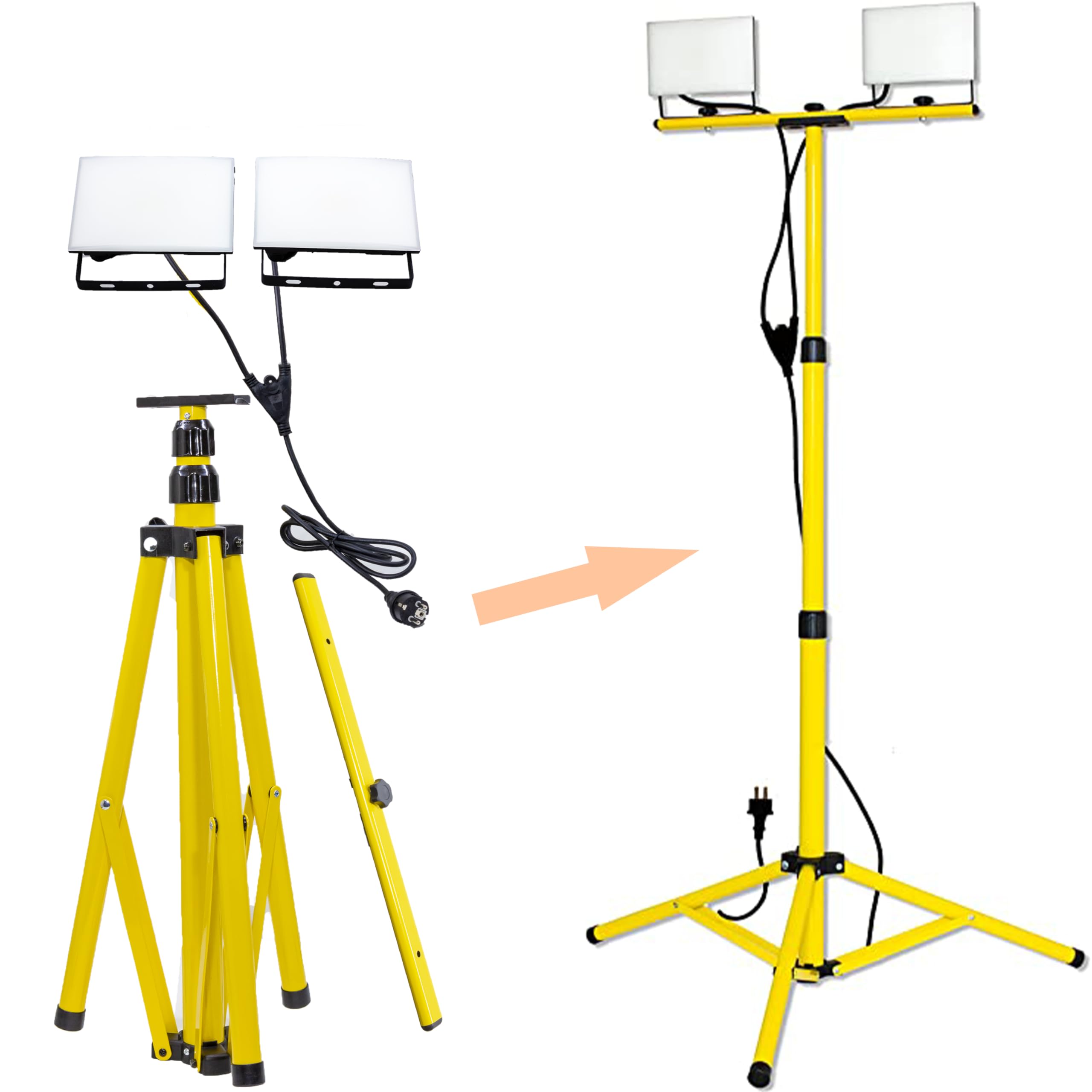 Faretto LED da Cantiere su Treppiede Telescopico - 60Watt, 4800 Lumen, luce bianca 4000K, Impermeabile IP65, Antirottura IK08 - Faretto LED da Esterno, Proiettore da Esterno per Cantiere