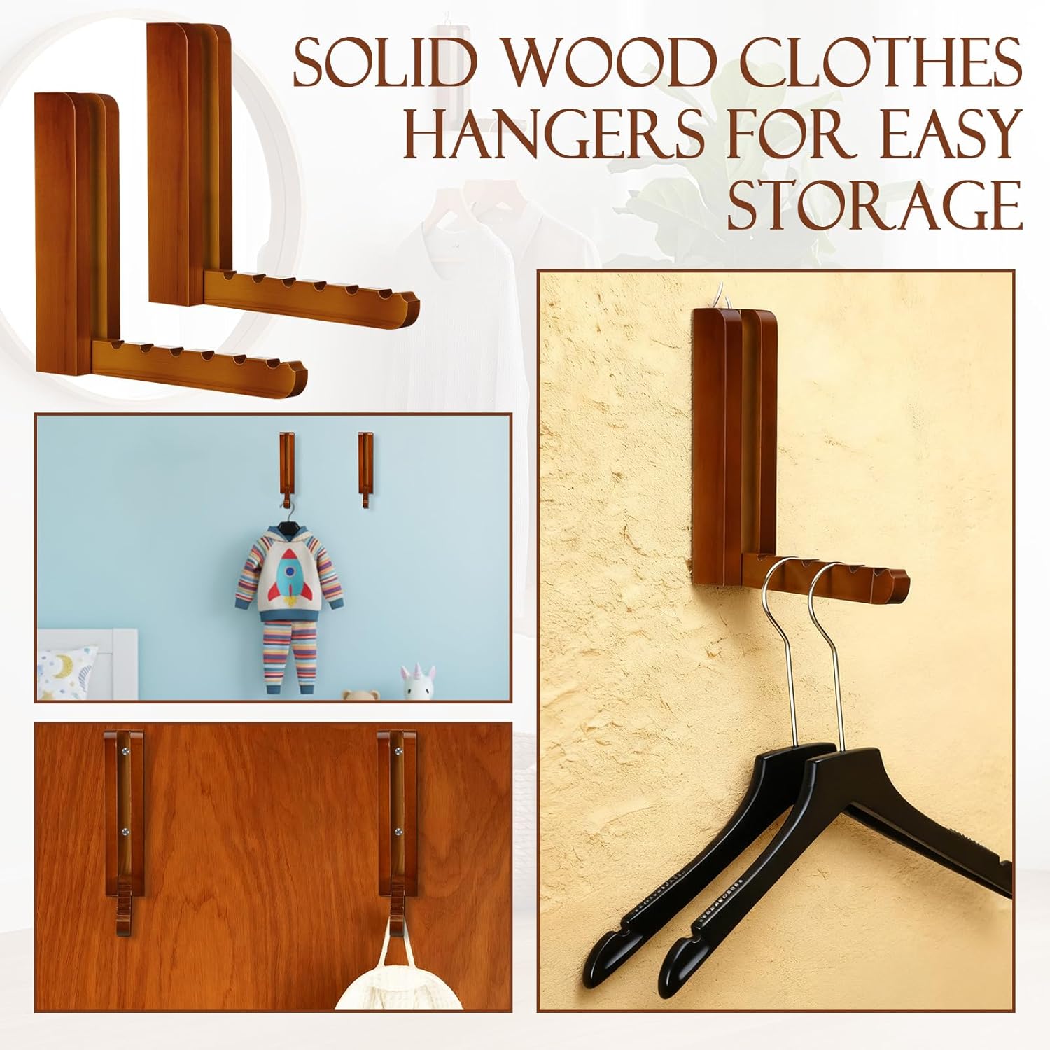 2 Pcs Wooden Coat Rack Wall Mounted Entryway Coat Hooks Heavy Duty Foldable Wall Hangers for Bathroom Bedroom Hanging Towels Clothes Bags