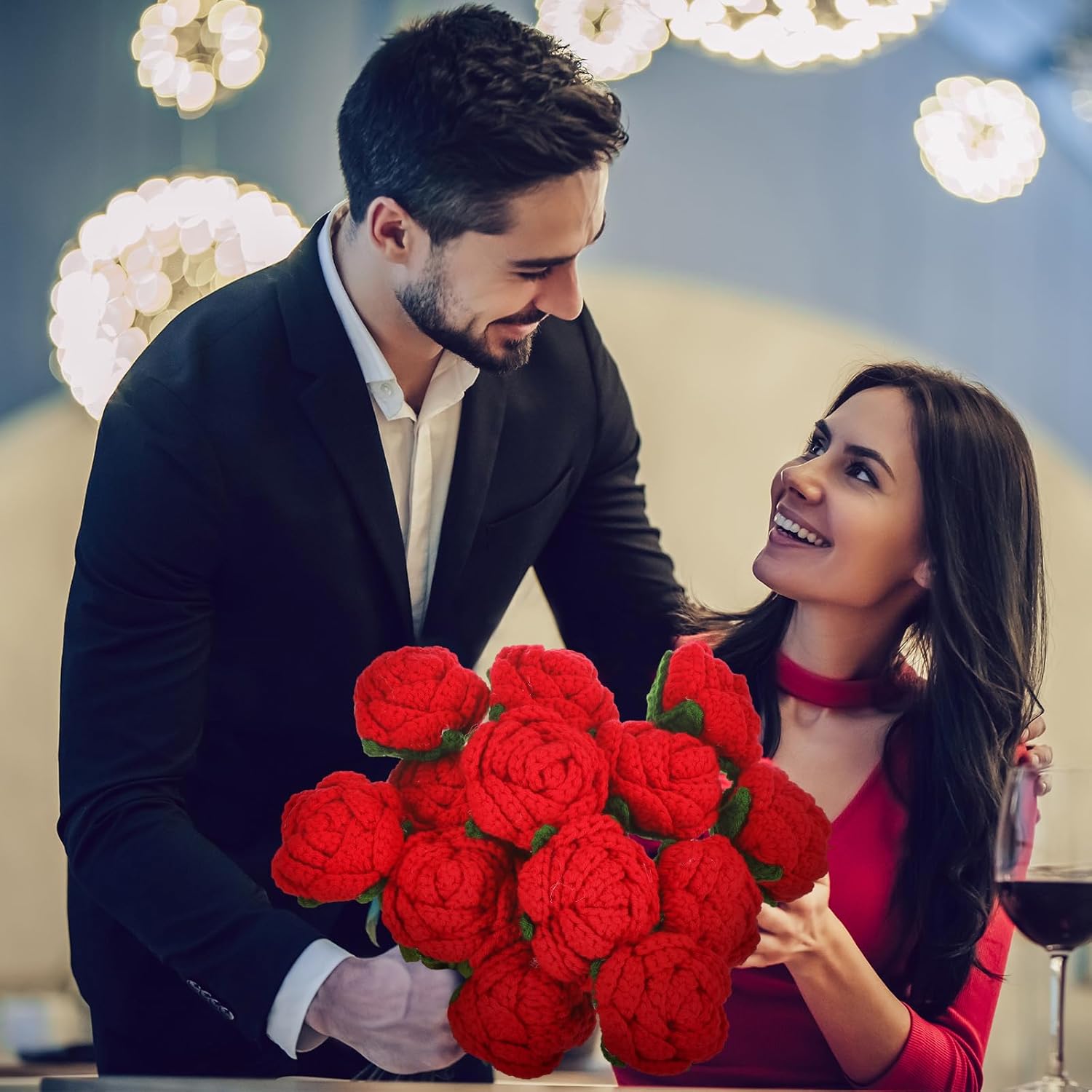 Daifunli 15 Pcs Valentine's Day Crochet Flowers Handmade Artificial Knitted Rose Bouquet Crochet Rose Appreciation Anniversary Birthday Gift for Women Mother Wife Valentines Home Decor (Red)