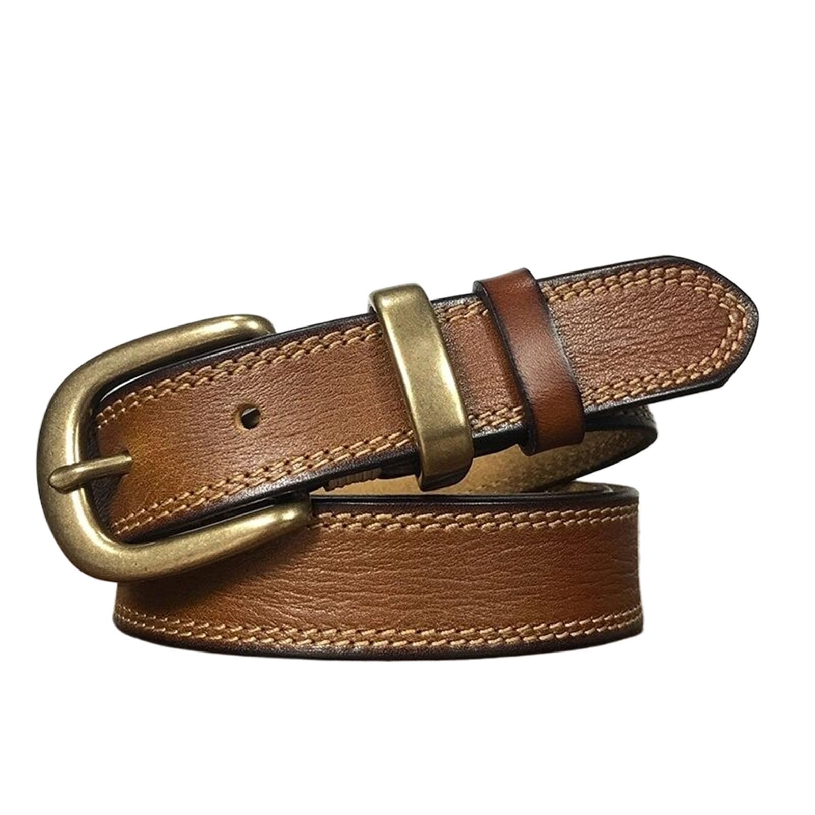 Wrjahcg Unisex Khaki Womens Thin Leather Belts, Western Cowgirl Adjustable Cowhide Belts For Women With Brass Metal Pin Buckle,,100Cm/39.4''