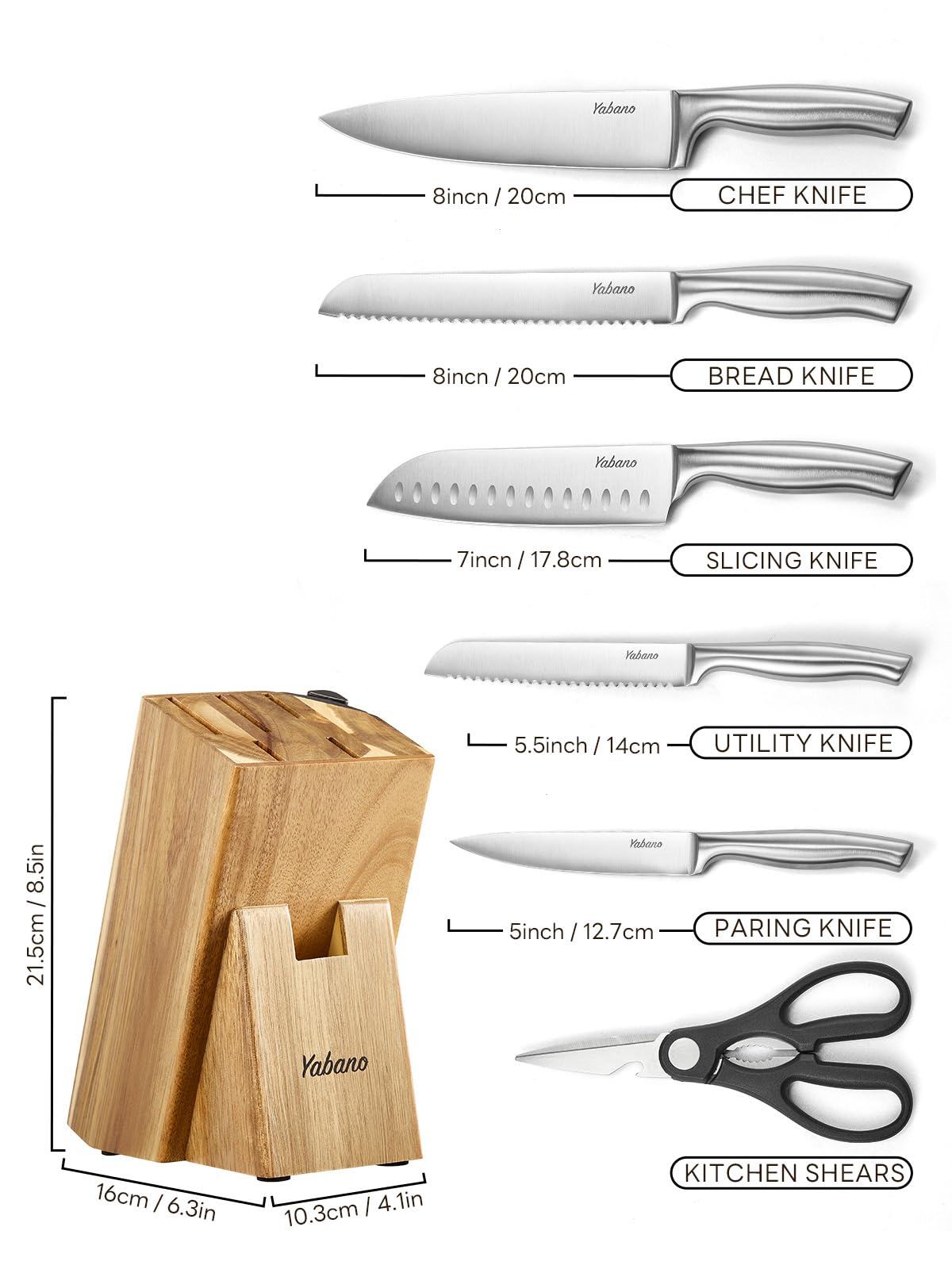 Yabano Couteaux de Cuisine, 7 pièces Bloc de Couteaux en Acier Inoxydable Allemand avec Aiguiseur Intégré, Ensemble de Couteaux avec Ciseaux et Bloc, Couteaux Professionnels pour la C