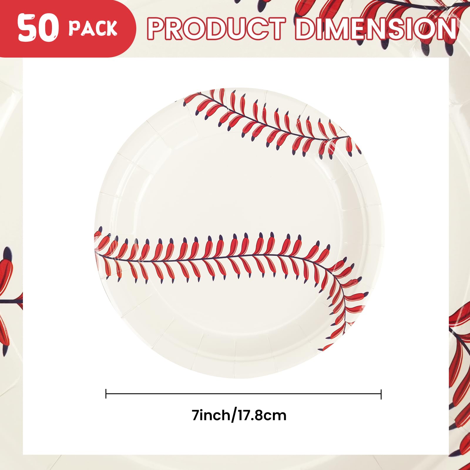 PUEVENYI 50PCS Baseball Party Paper Plates - 7Inch Round Baseball Dessert Plates for Cake Salad Fruit Pizza Disposable Themed Decoration Supplies for Fan Sports Event, Birthday Party