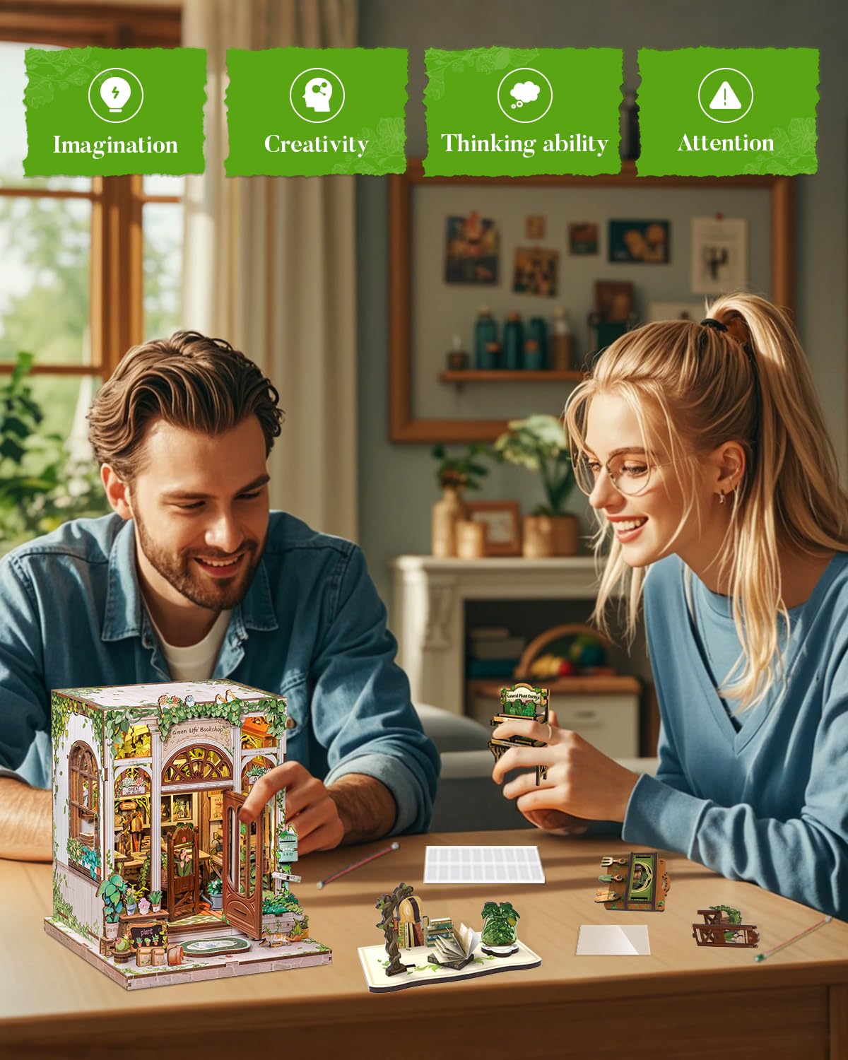 Cutefun Book Nook Kit - Kit Casa delle Bambole in Miniatura diy, Puzzle 3D in Legno per Scaffali con Luci LED Decorativo per Adolescenti e Adulti (Green Life Bookshop)