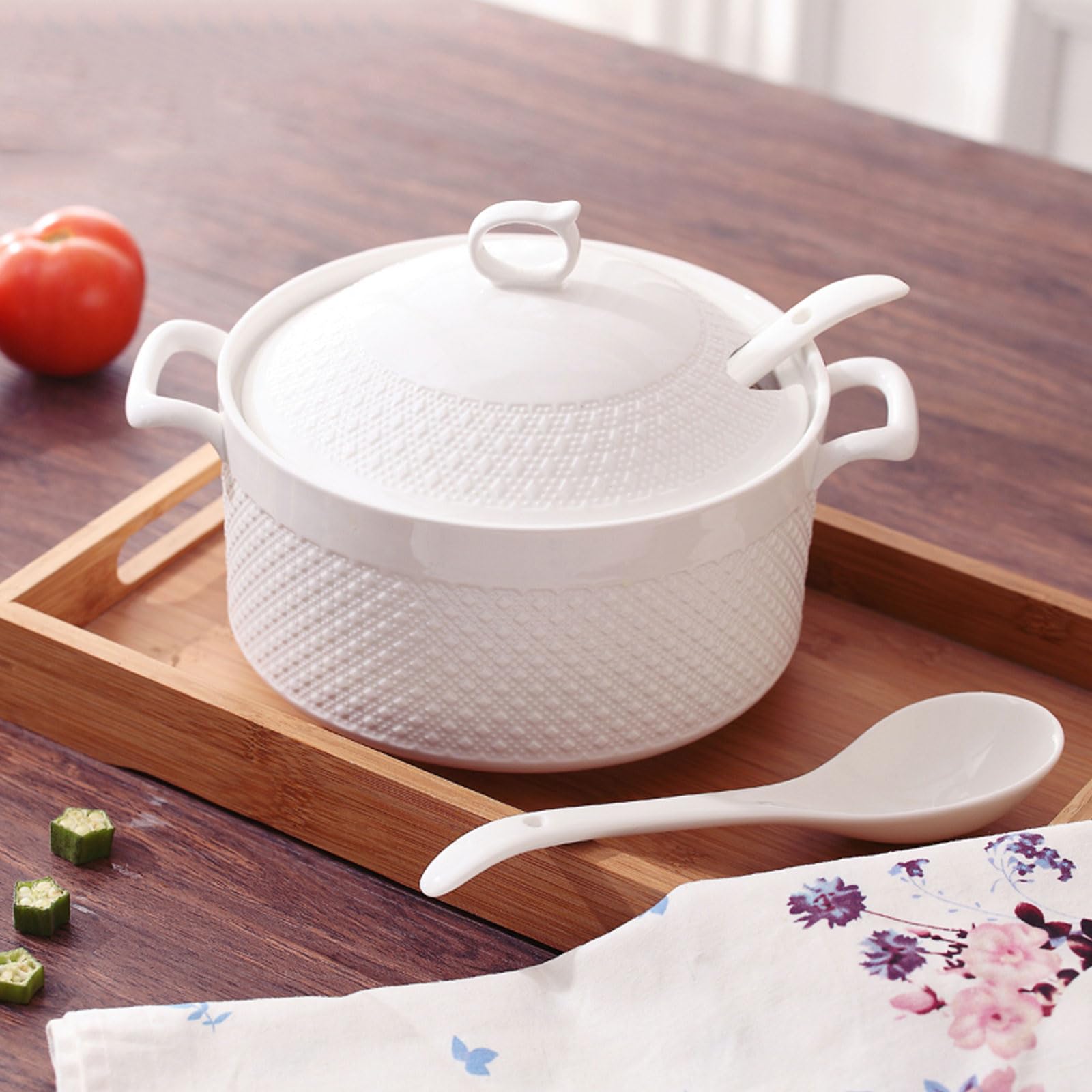YLME Zuppiera per Zuppa con Mestolo E Coperchio in Porcellana per La Cucina di Ristoranti E Case Pentola per Zuppa E Brodo in Ceramica Bianca Decorata,3600ml/3.27qt