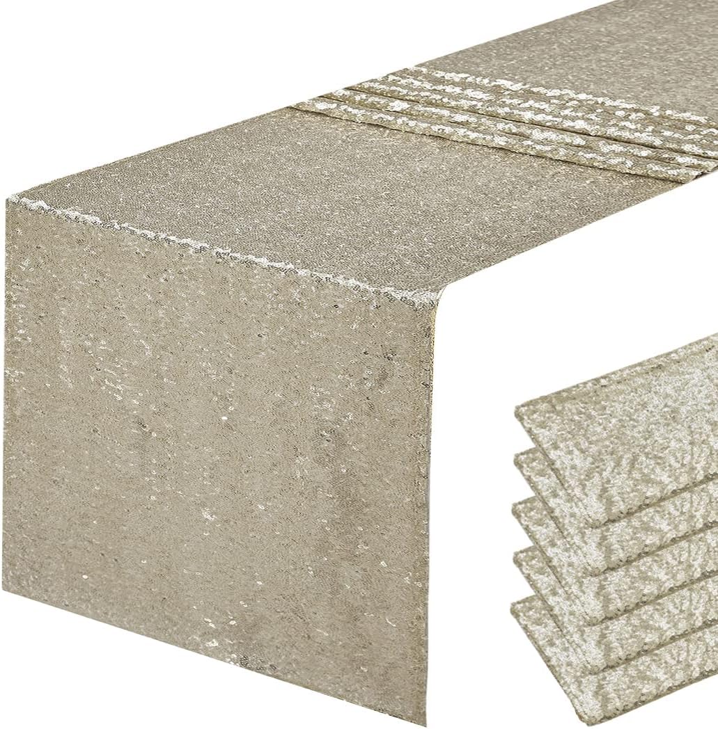 6 Packs 12 x 72 inches Champagne Sequin Table Runner, Glitter Runner for Birthday Party Supplies Decorations Wedding Bachelorette Holiday Celebration Bridal Shower Baby Shower