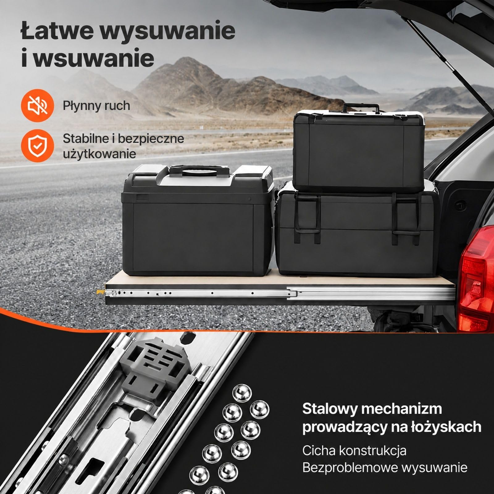 1 para prowadnic do szuflad z pełnym wysuwem, łożyskami kulkowymi i blokadą, do montażu bocznego w szafkach oraz szufladach przemysłowych
