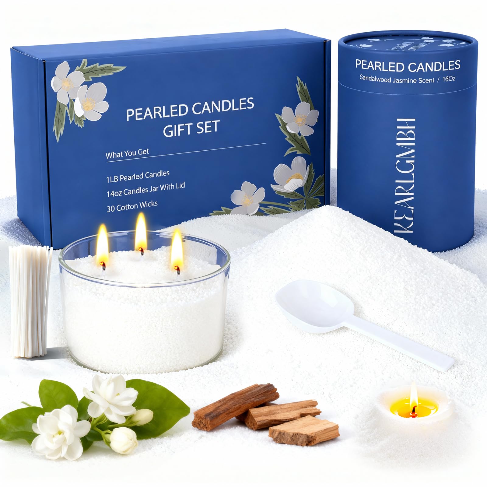 Manualidades Regalos Set,Kit para Hacer Velas Aromaticas,Velas Perfumadas | 16OZ de Arena de Cera, 30 Mechas de Algodón, Gran Frasco de Vidrio con Tapa, Aroma a Jazmín y Sándalo, 100 Horas de Duración