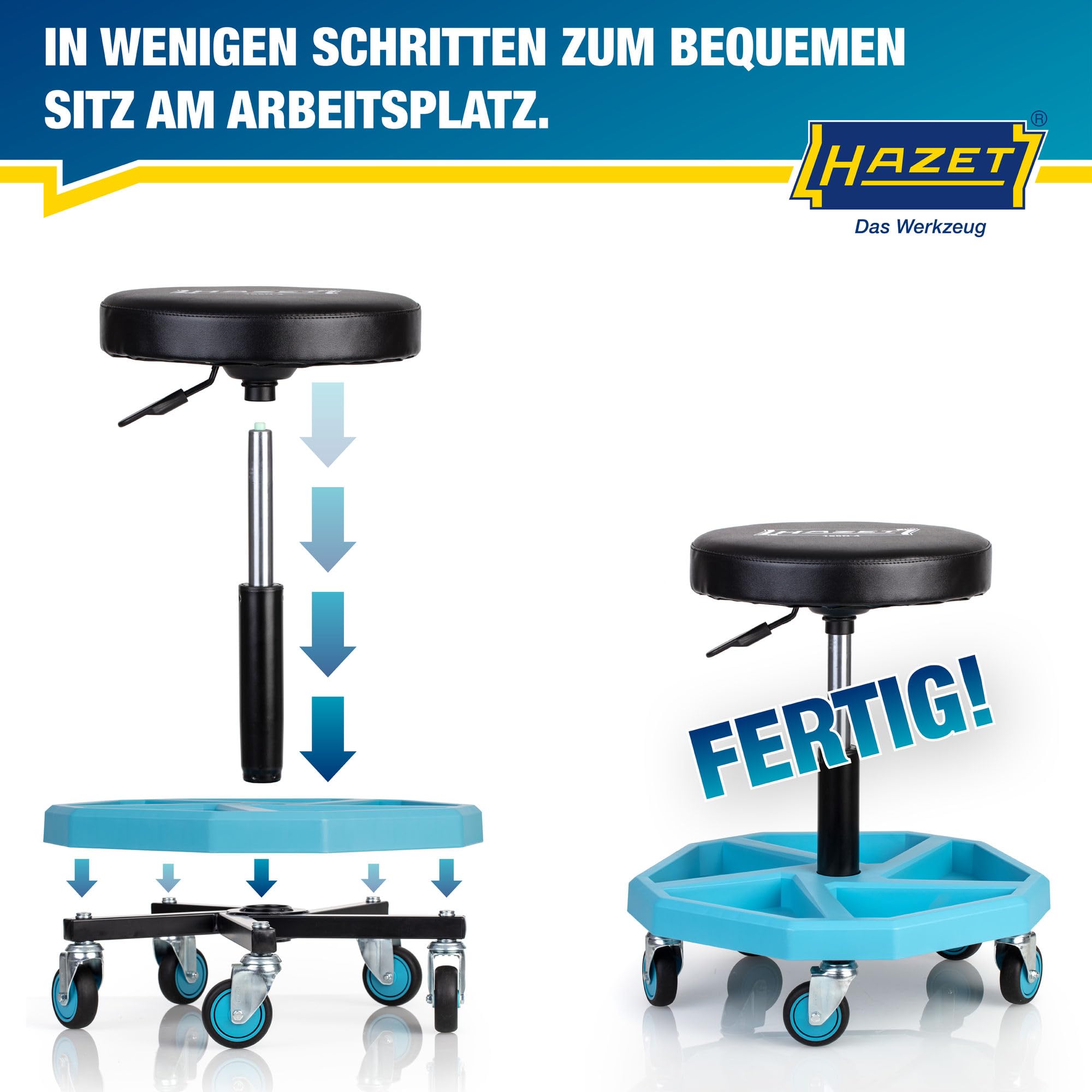 HAZET Arbeitssitz 195N-4, stabile Vierkant-Rohrrahmenkonstruktion, 5 Leichtlaufrollen 75 mm, höhenverstellbar 430-550 mm, belastbar bis 150 kg, großes Sitzkissen 350 mm