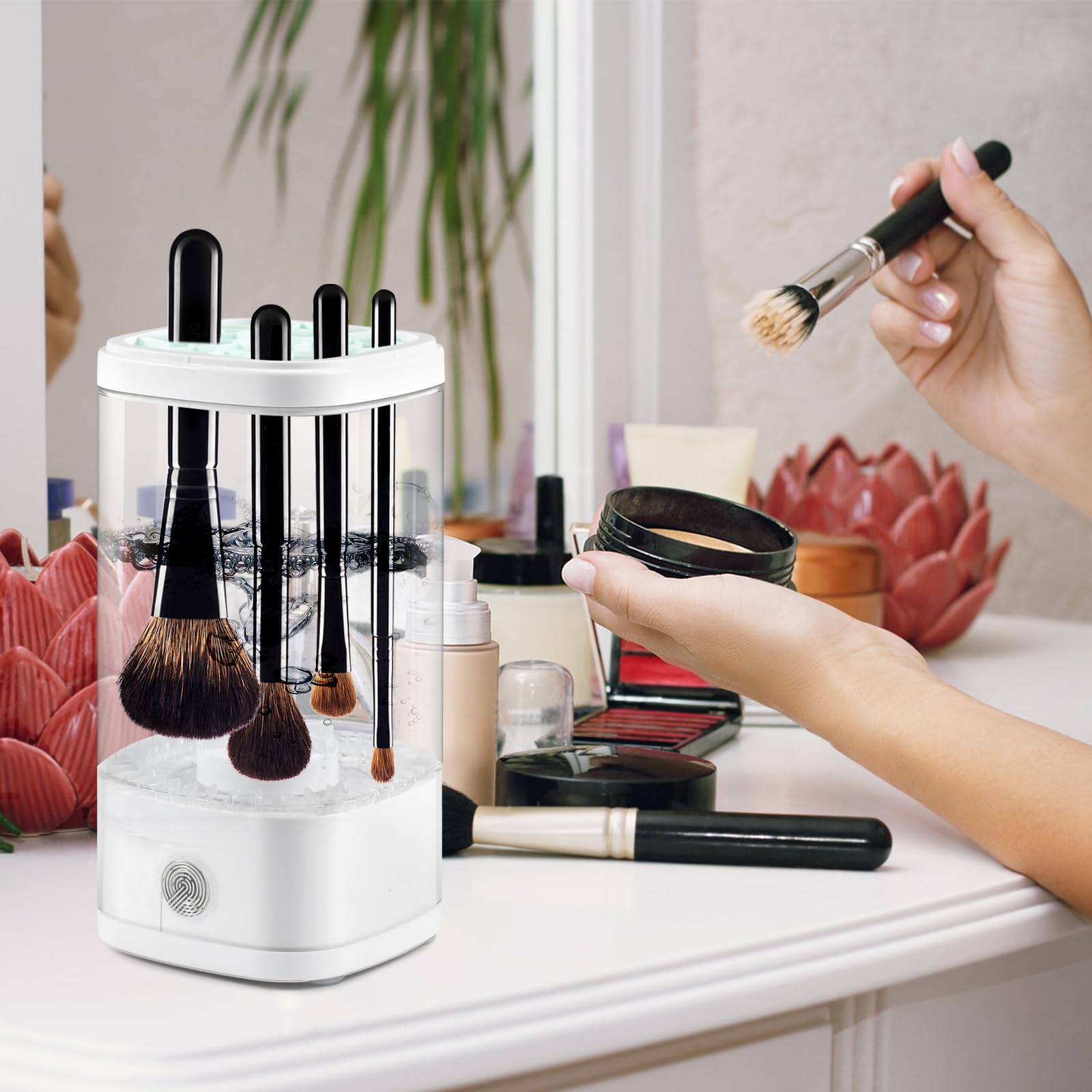 Elettrico Pulisci Pennelli Make Up, Pulitore Pennelli Trucco Elettrico, Automatico Pulizia Pennelli Make Up, USB Pulizia Pennelli Make Up, Rapido Efficiente per la Pulizia Profonda Spazzole (Bianco)
