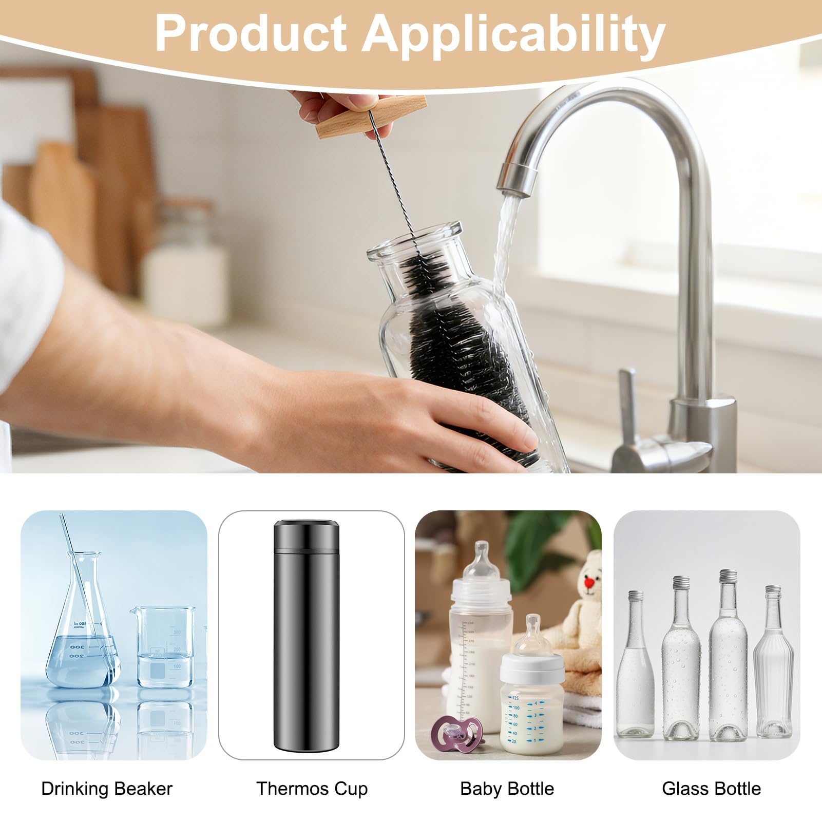 Cepillo Limpia Botellas por Dentro 3 Piezas, Cepillo Botellas Cristal Agua Compatible con Sodastream, Cepillo Botella 35 cm para Limpiar Botellas de Vidrio, Soda y Biberones sin Rayar Uso Diario Hogar