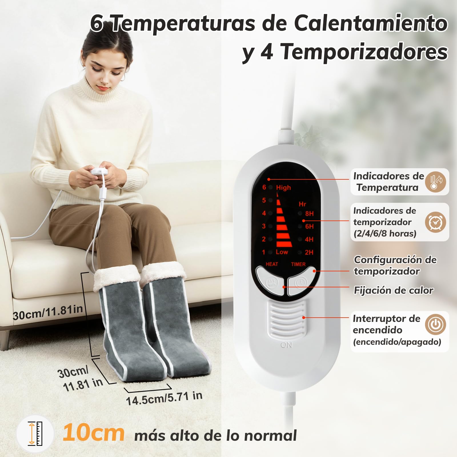 Calentador de Pies Separado para Mujeres Hombres, Calienta pies Electrico con Cobertura de Pantorrilla 6 Temperaturas 4 Temporizadores, Zapatillas Calefactables con Forro Lavable