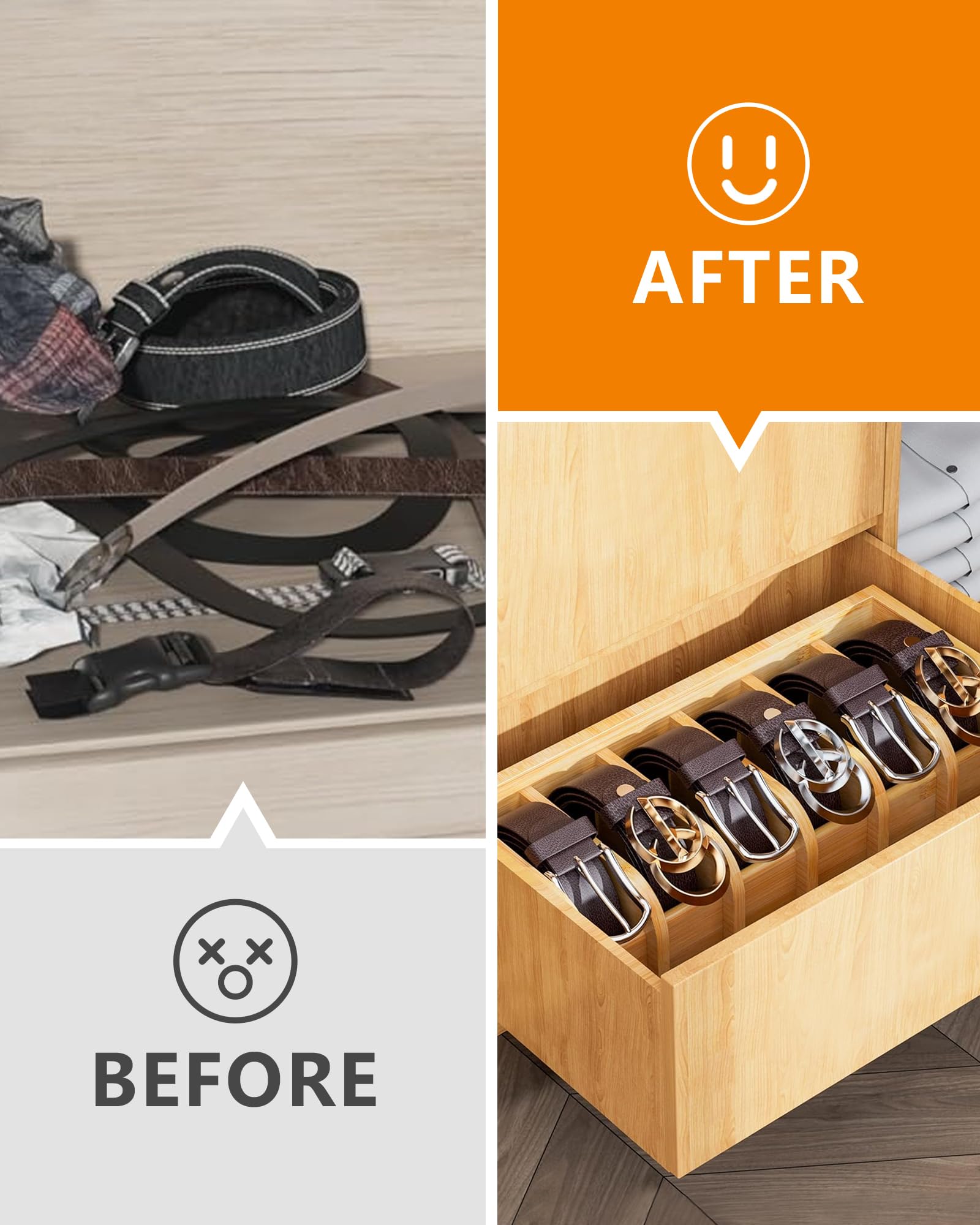 Alouweekuky Organisateur Ceintures En Bambou - 6 Compartiments - Rangement Tiroir/placard - Pour Accessoires