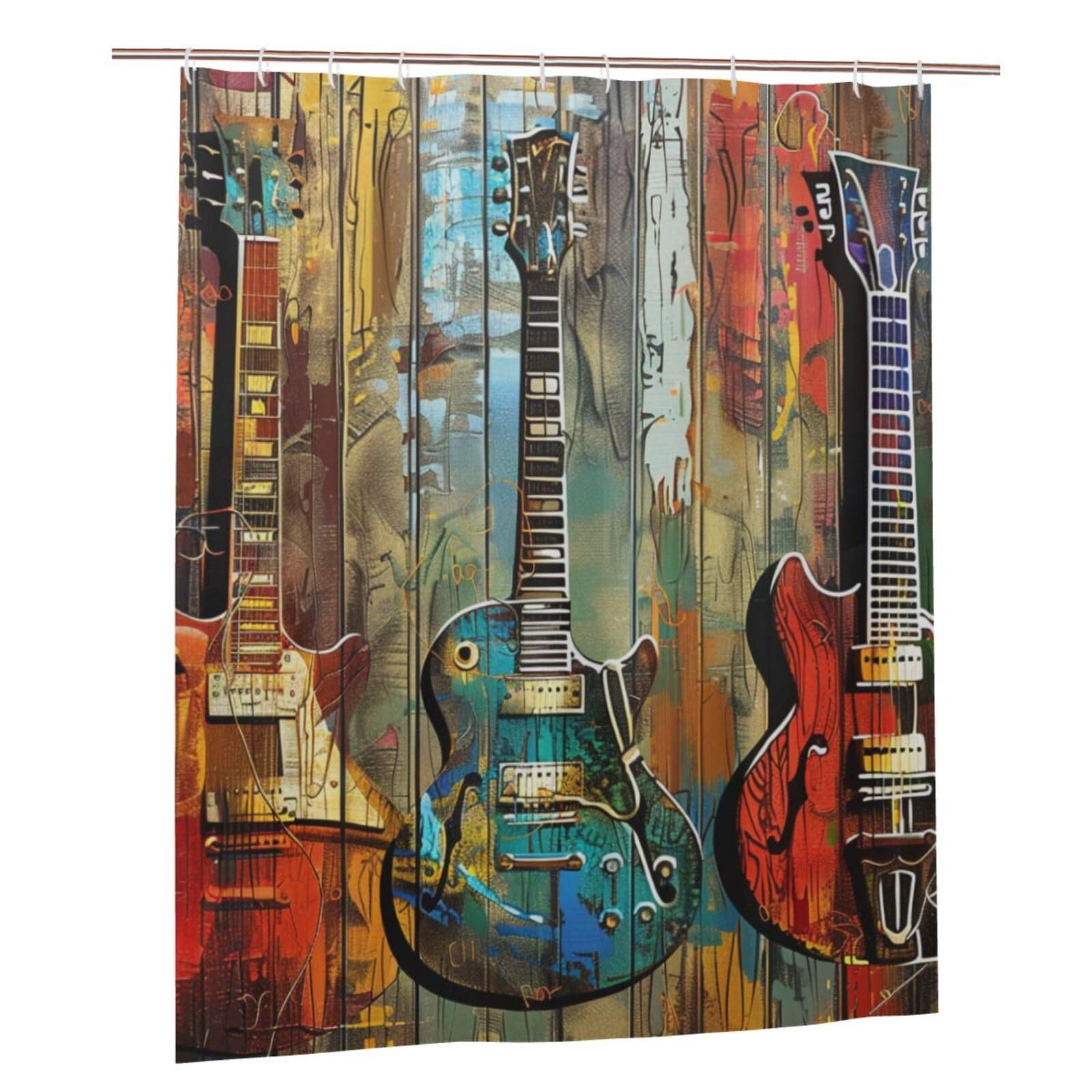 BWWHCCTI guitars art Printed Shower Curtain With 12 Plastic Hooks Opaque Quick Drying Waterproof Shower Curtains Sets For Bathroom 152x183 Cm