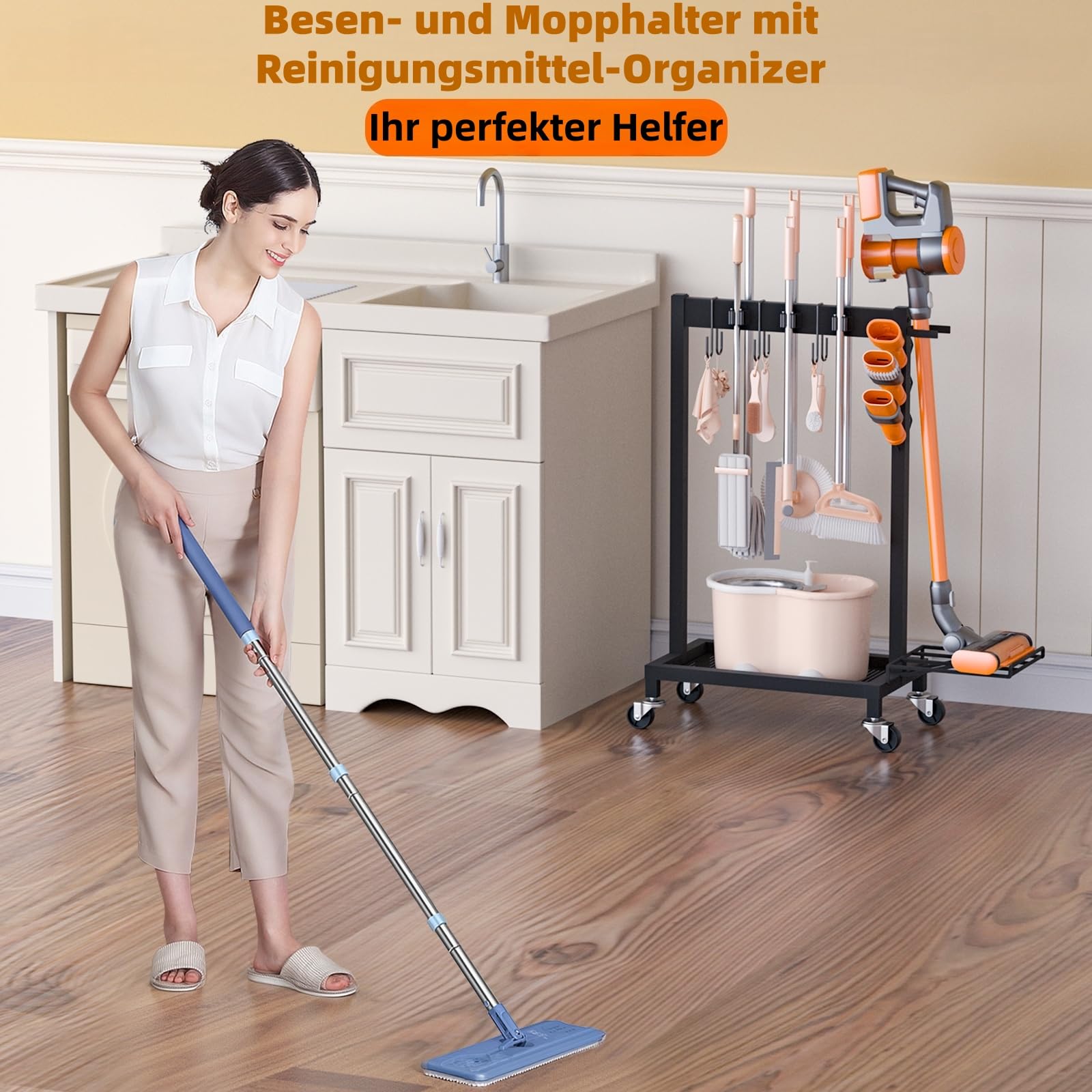 Porta scopa con organizer per detergenti, porta scopa con ruote, porta scopa e mocio, carrello per la pulizia con 6 ganci per mop, 3 ganci doppi, portata 68 kg, nero