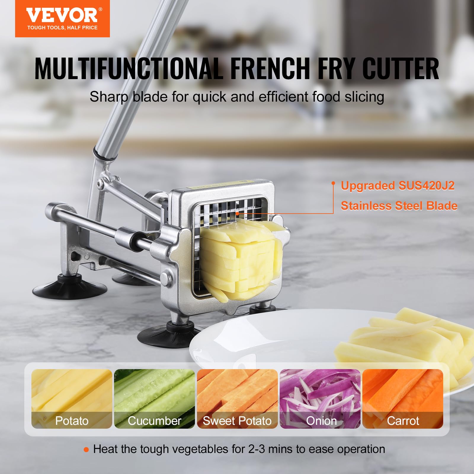 VEVOR Pommes-Frites-Schneider, Kartoffelschneider mit 1/2 Zoll & 3/8 Zoll Edelstahlklingen, manueller Kartoffelzerkleinerer mit Saugnäpfen & Griff, ideal für Kartoffeln Pommes Frites Gemüse