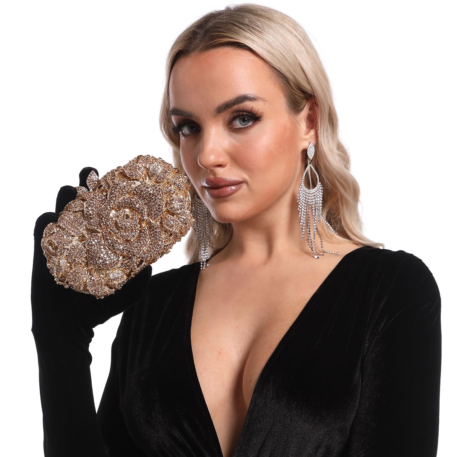 Boutique De FGG Pochette da sera con fiori da donna, borsetta da sposa, pochette con strass rosa e strass, mini