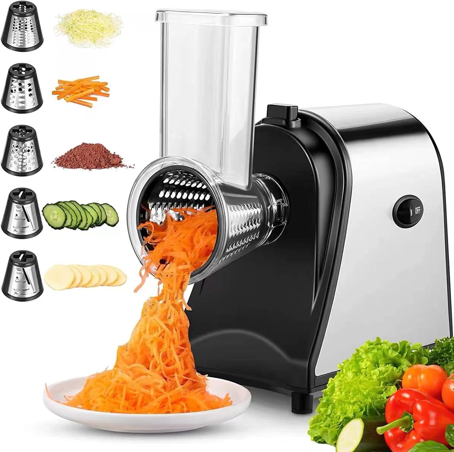 Electric Cheese Grater & Vegetable Cutter - 5 Interchangeable Blades (Minced, Fine, Coarse, Thick, Thin) for Effortless Cheese & Potato Slicing at Home