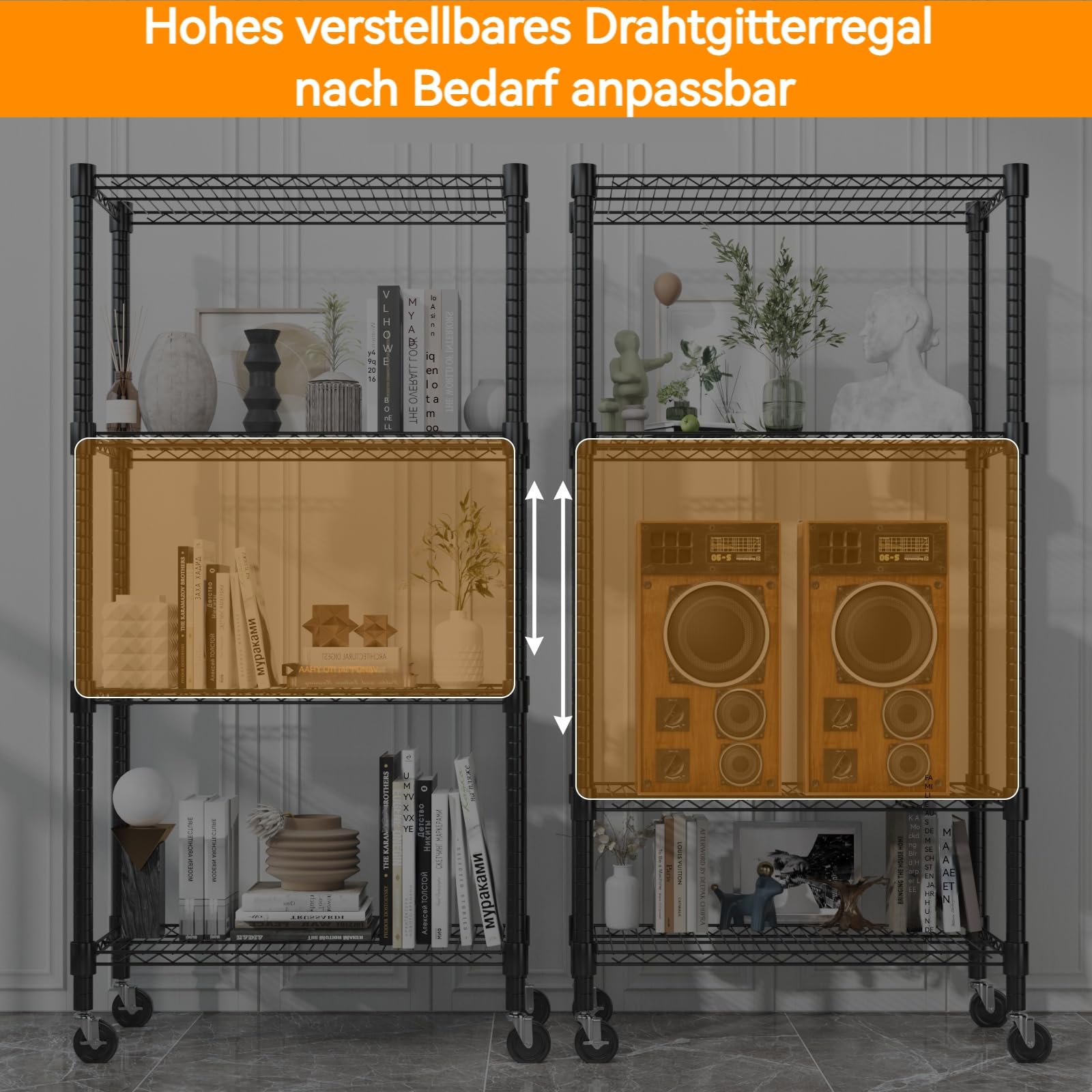 Himimi 4-stufige Metallregaleinheiten für die Aufbewahrung mit Rädern und Nivellierfüßen, höhenverstellbare Drahtregaleinheit, Regalsystem für Badezimmer Küche 400 kg Kapazität, 76x35x183 cm Schwarz