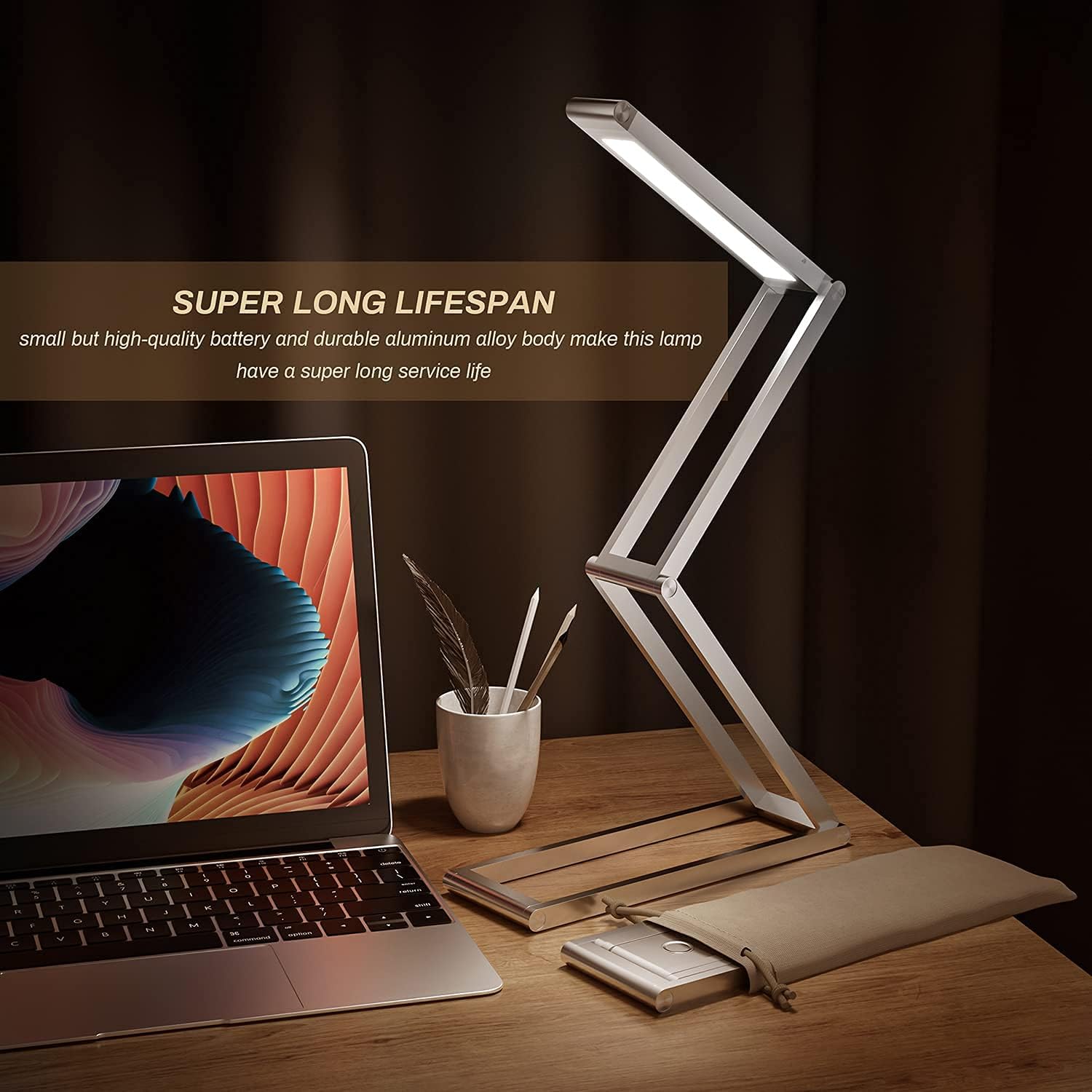 KRX Small Led Desk Lamp - No Blu-ray Led Reading Light for Home Office, Portable & Folding Design Table Lamp, Adjustable Brightness, Cordless Using, USB Charging, Durable Aluminium Alloy Body