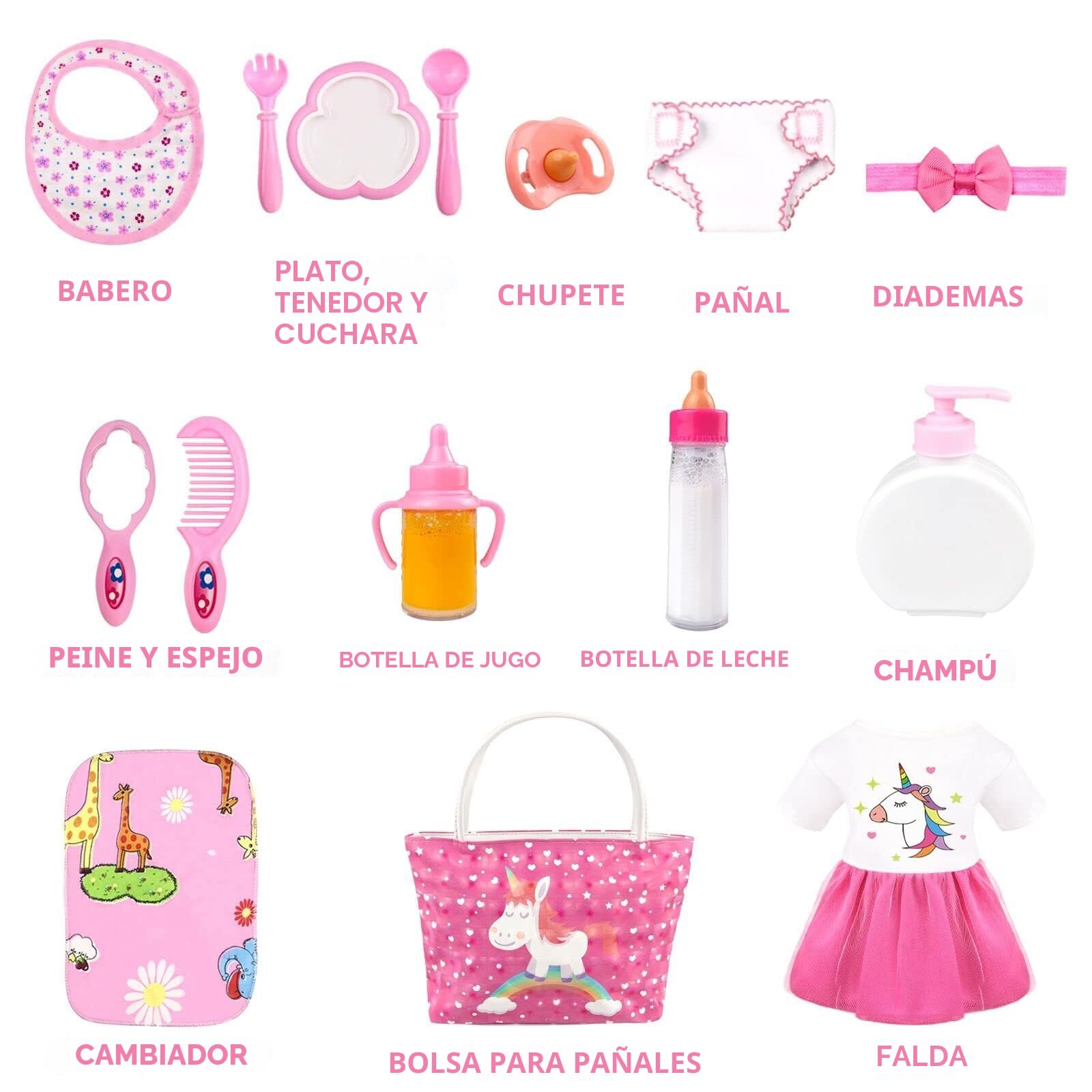 BNUZEIYI Accesorios para Muñecas Bebe- Set de Alimentación y Cuidado con Bolsa de Pañales para Niñas Juguetes Regalo, Ropa para Muñecas de 14-16 y 18 Pulgadas