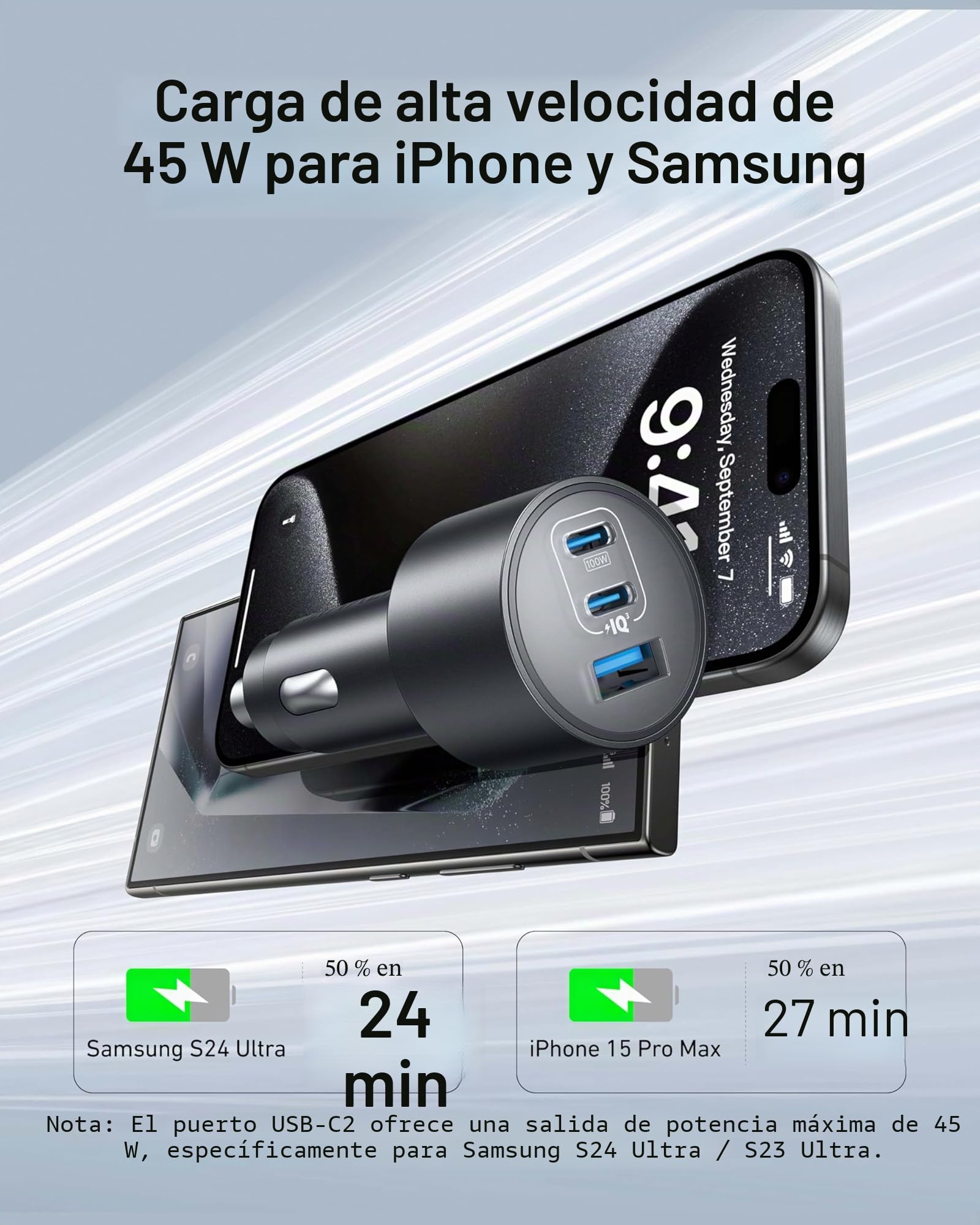Anker Cargador de Coche USB-C, Cargador de Coche Rápido Tipo-C Ultracompacto 3 Puertos 167,5 W Máxi. para MacBook Pro/Air, iPhone 15/14 / 13 Series, Samsung S24 / S23, iPad Pro, AirPods y Más