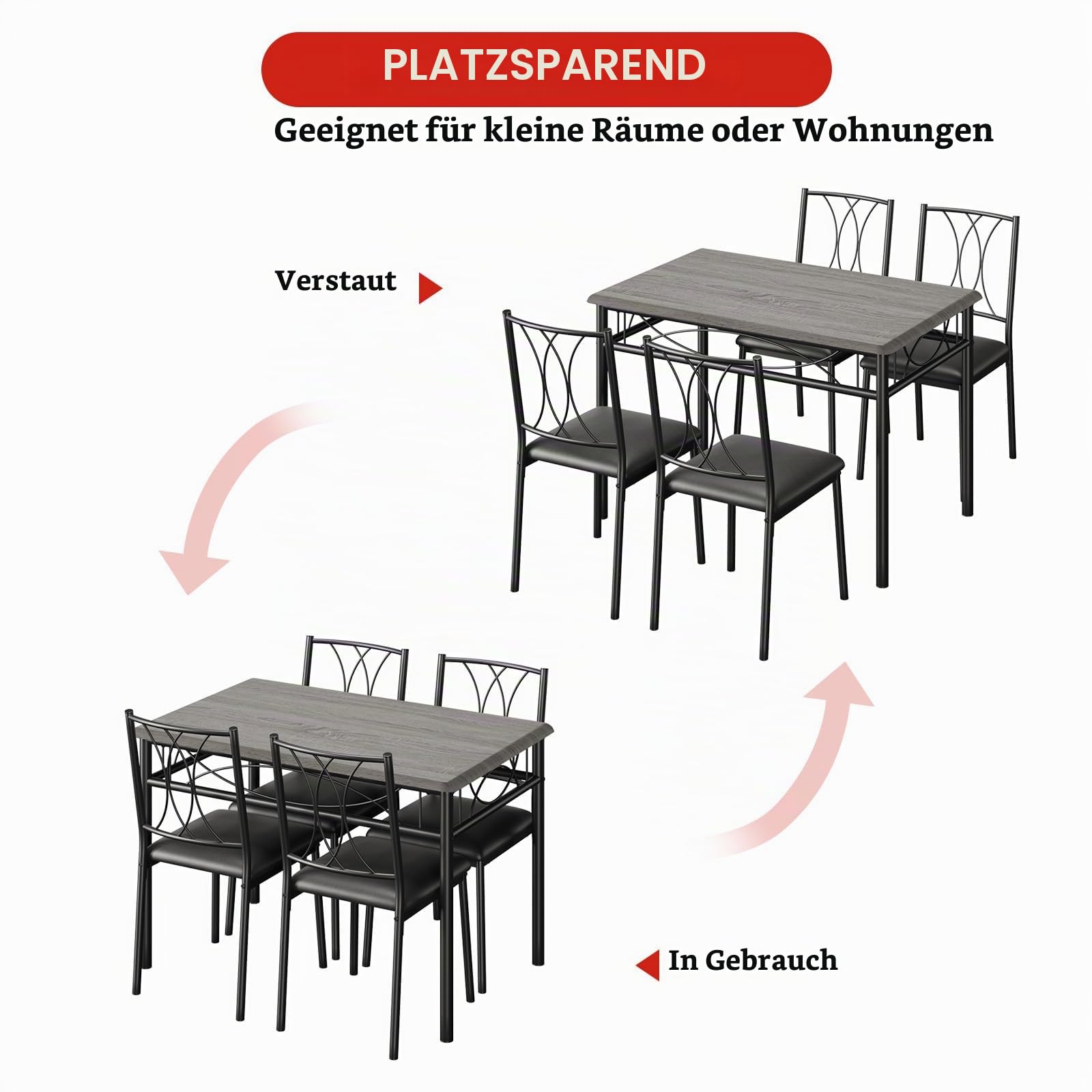 Garvee Esstisch mit 4 Stühlen, 5-Teilig Essgruppe mit gepolsterten Stühlen, Platzsparende Sitzgruppe Küchentisch Set Esszimmertisch Holzoptik für Küche Esszimmer Wohnung, Grau Schwarz