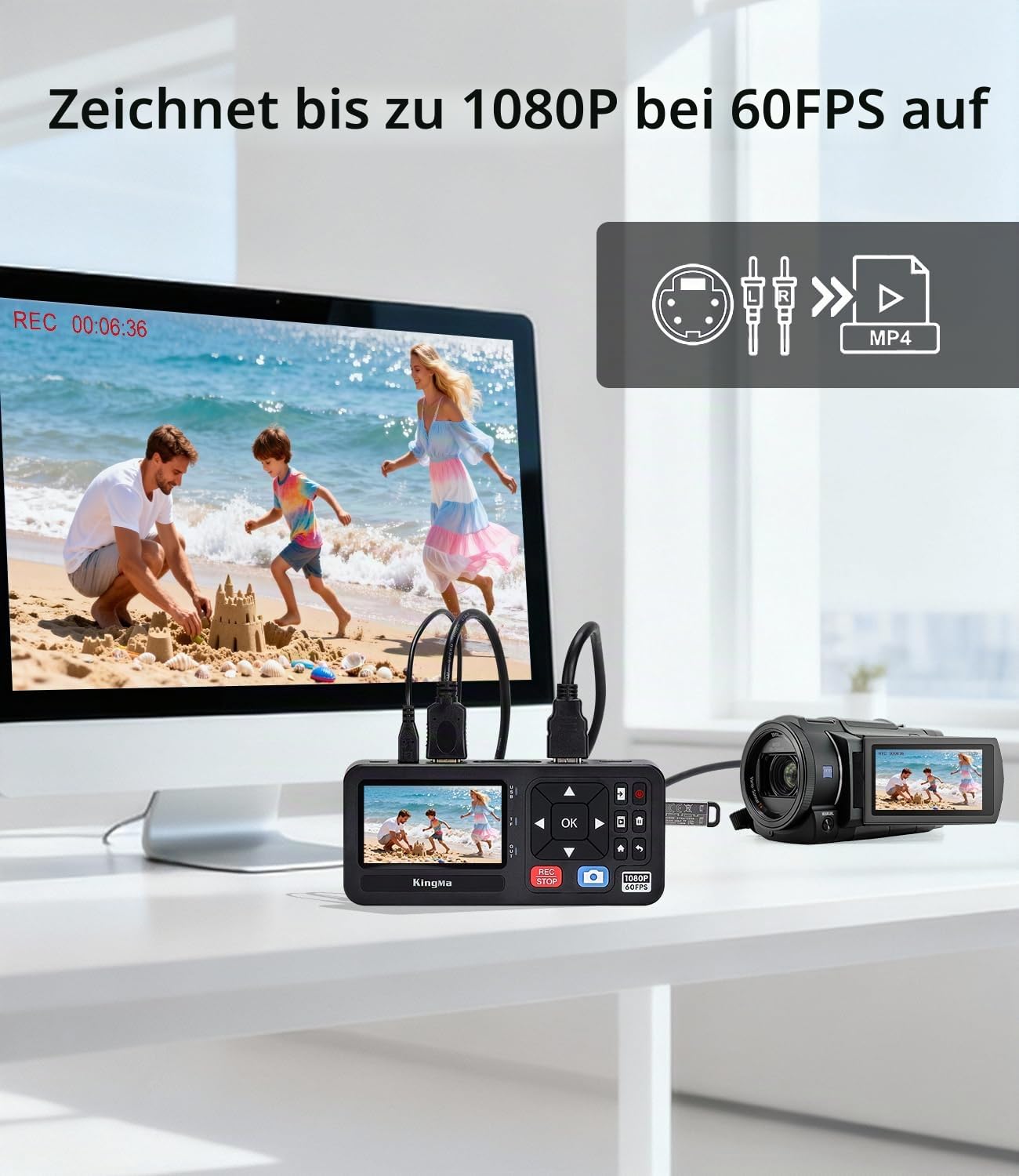 King Ma Video-zu-Digital-Konverter, 1080P 60FPS HD Video Capture Box VHS Videorecorder Digitalisieren Capture von RCA, VCR, DVD, VHS Tapes, Hi8, Camcorder, Gaming-TF/SD/USB-Speicherung (HDMI)