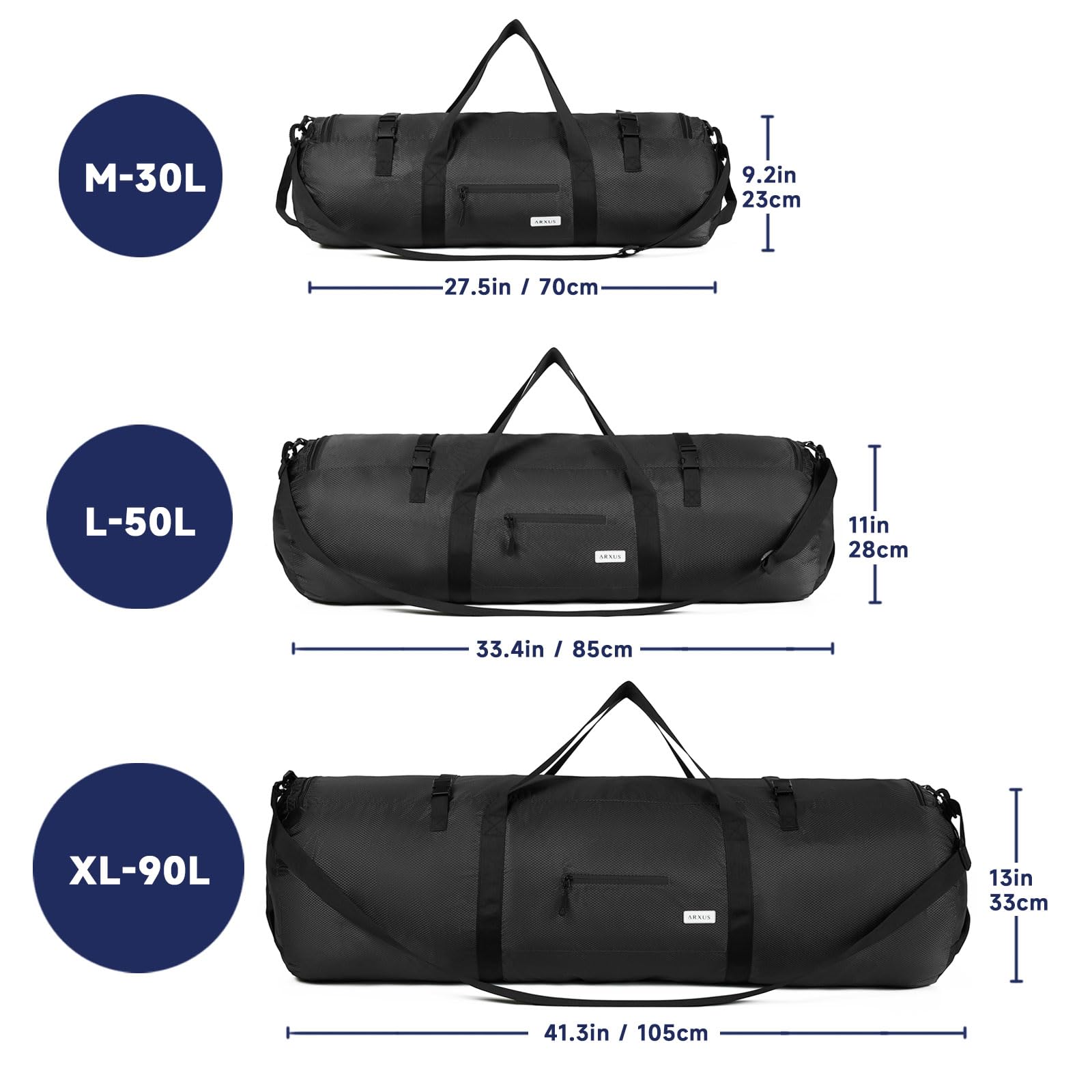 Arxus Borsa Sportiva Grande 90L 50L 30L per Viaggio Sport, Donna Uomo Borsone Palestra Pieghevole per Yoga Pilates Mazza da Baseball con Tracolla, Deposito Tende da Campeggio
